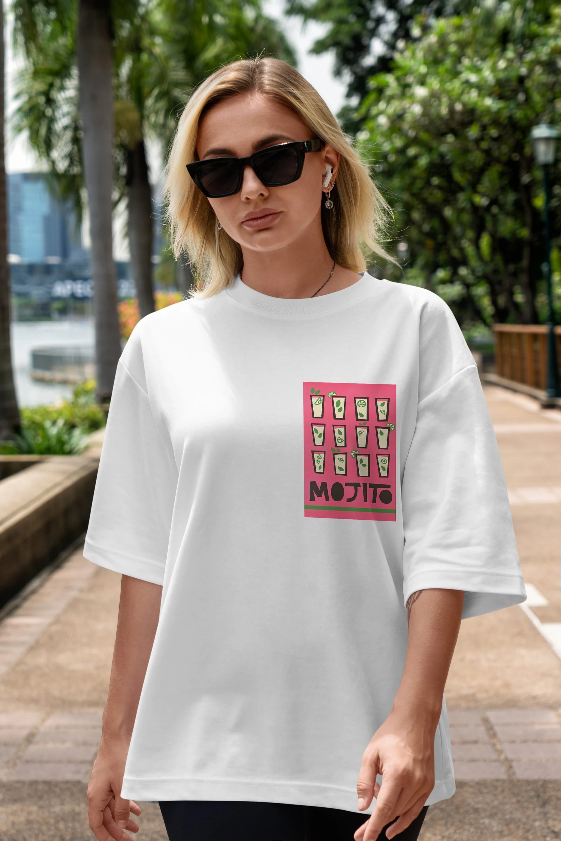 Mojito Ön Sol Baskılı Oversize t-shirt Erkek Kadın Unisex %100 Pamuk Bisiklet Yaka tişort
