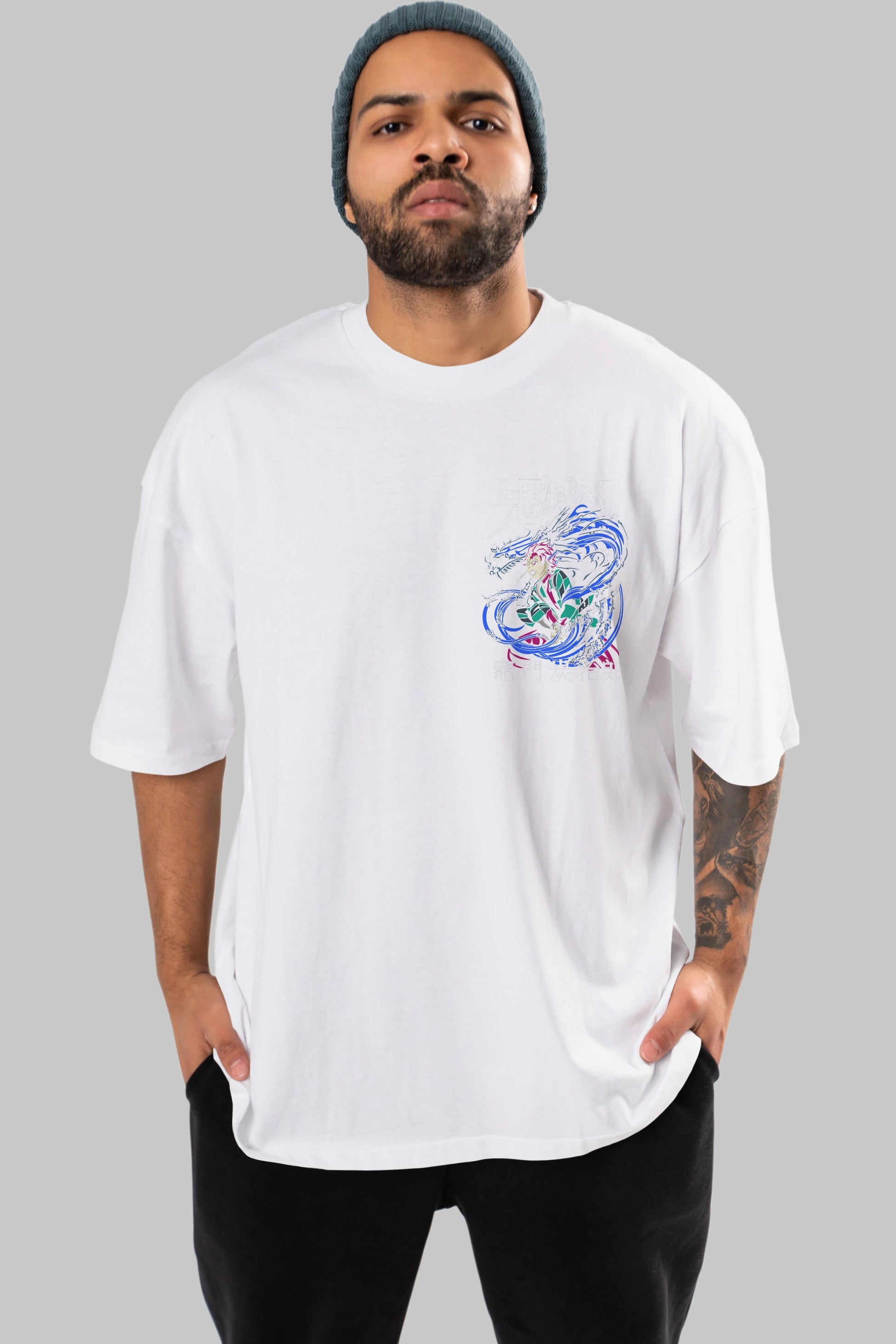 TANJIRO KAMADO 2 Ön Sol Baskılı Oversize t-shirt Erkek Kadın Unisex %100 Pamuk Bisiklet Yaka tişort
