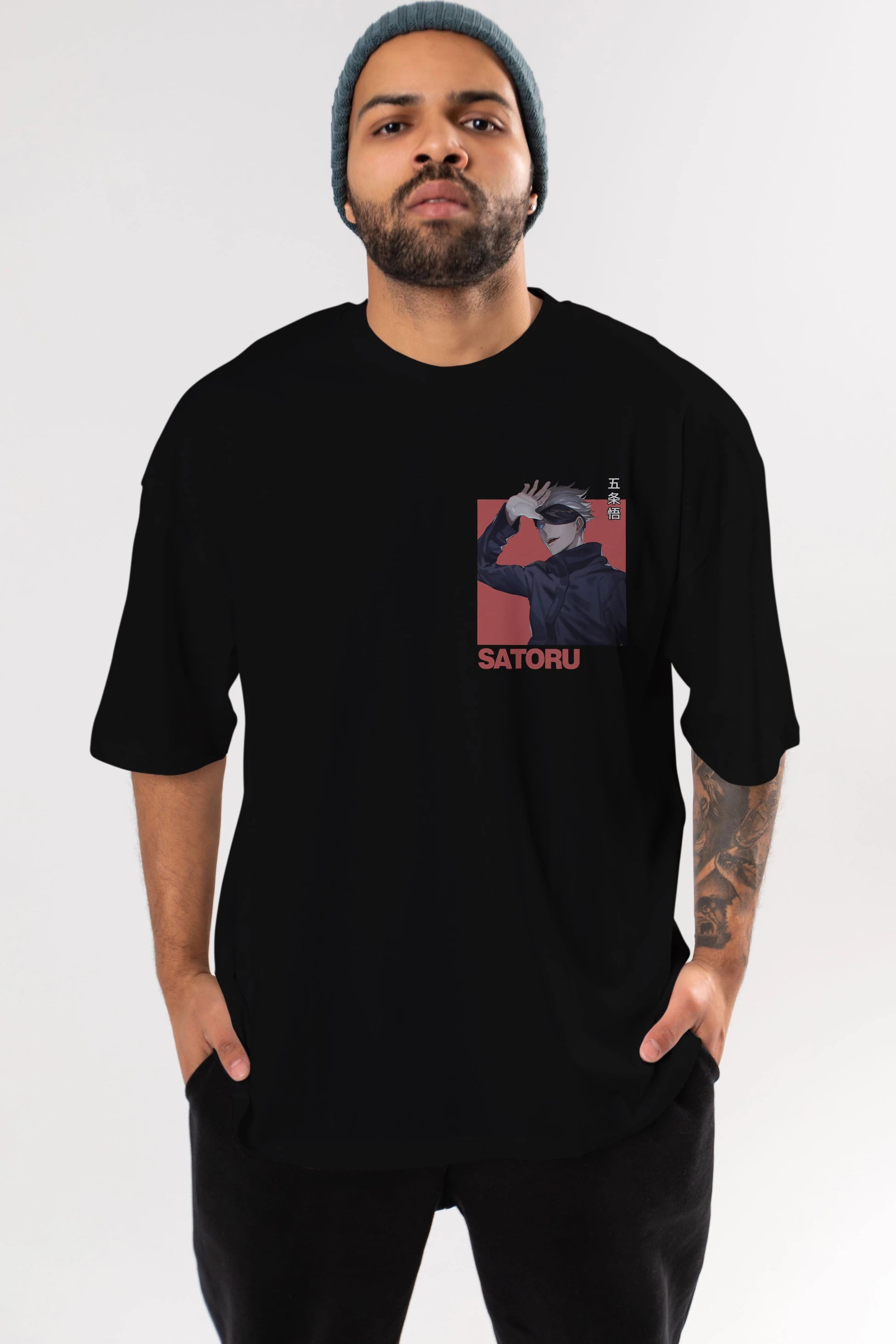 SATORU GOJO 2 Ön Sol Baskılı Oversize t-shirt Erkek Kadın Unisex %100 Pamuk Bisiklet Yaka tişort