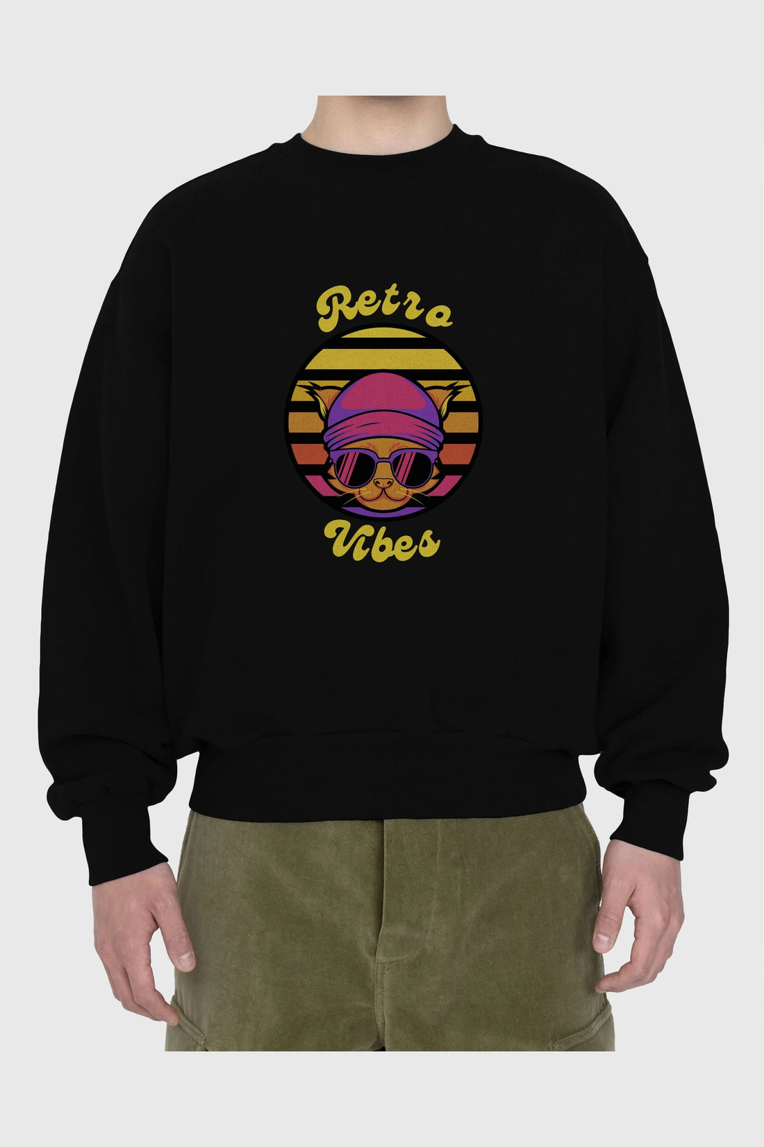 Cat Retro Vibes Ön Baskılı Oversize Sweatshirt Erkek Kadın Unisex