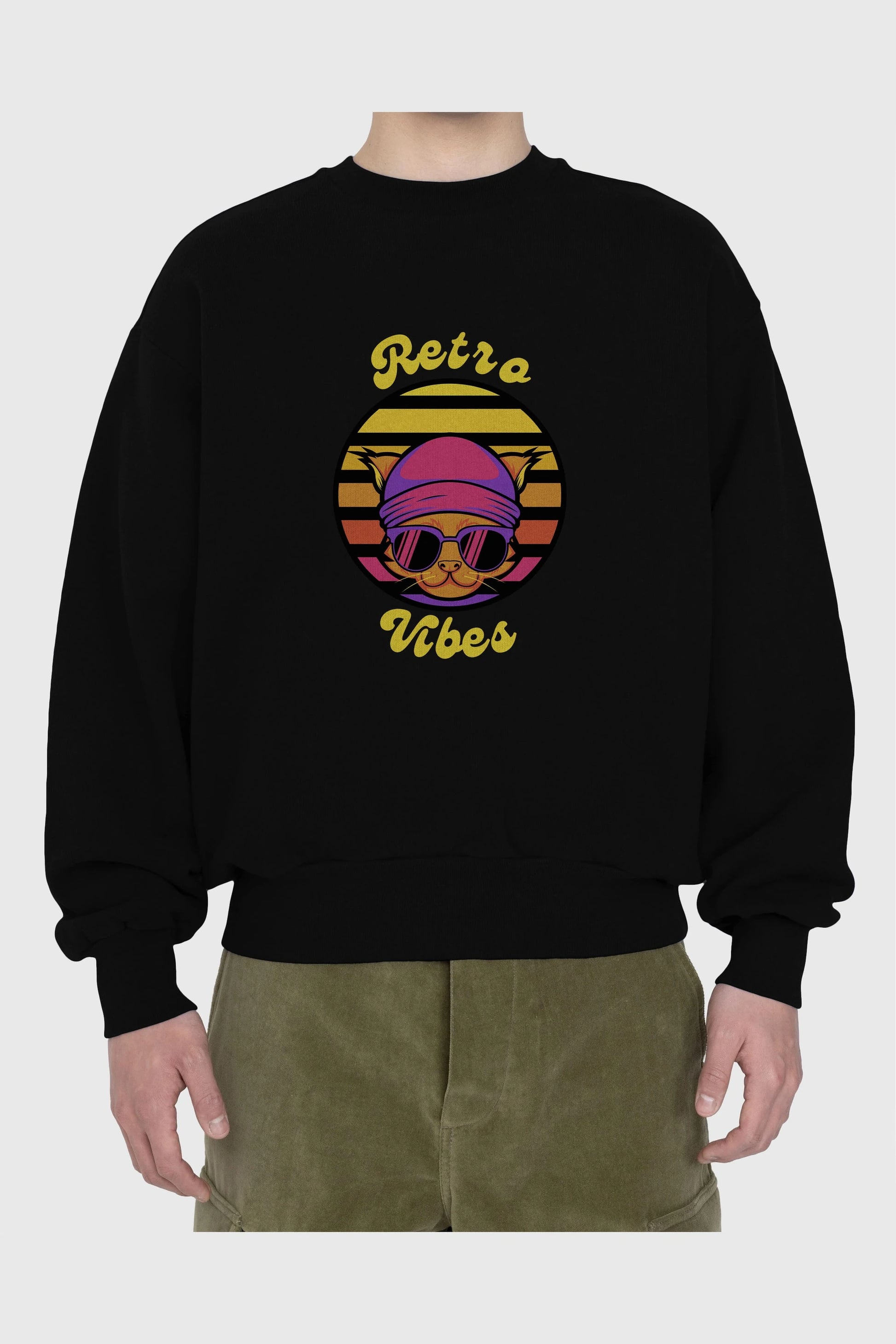 Cat Retro Vibes Ön Baskılı Oversize Sweatshirt Erkek Kadın Unisex