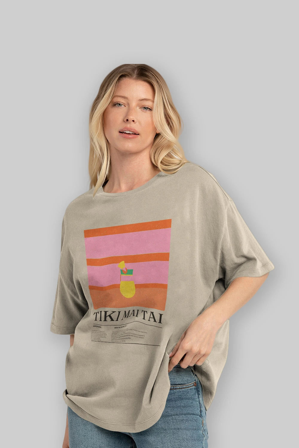 Tiki Mai Tai Kokteyl Ön Baskılı Oversize t-shirt Erkek Kadın %100 Pamuk Bisiklet Yaka tişort