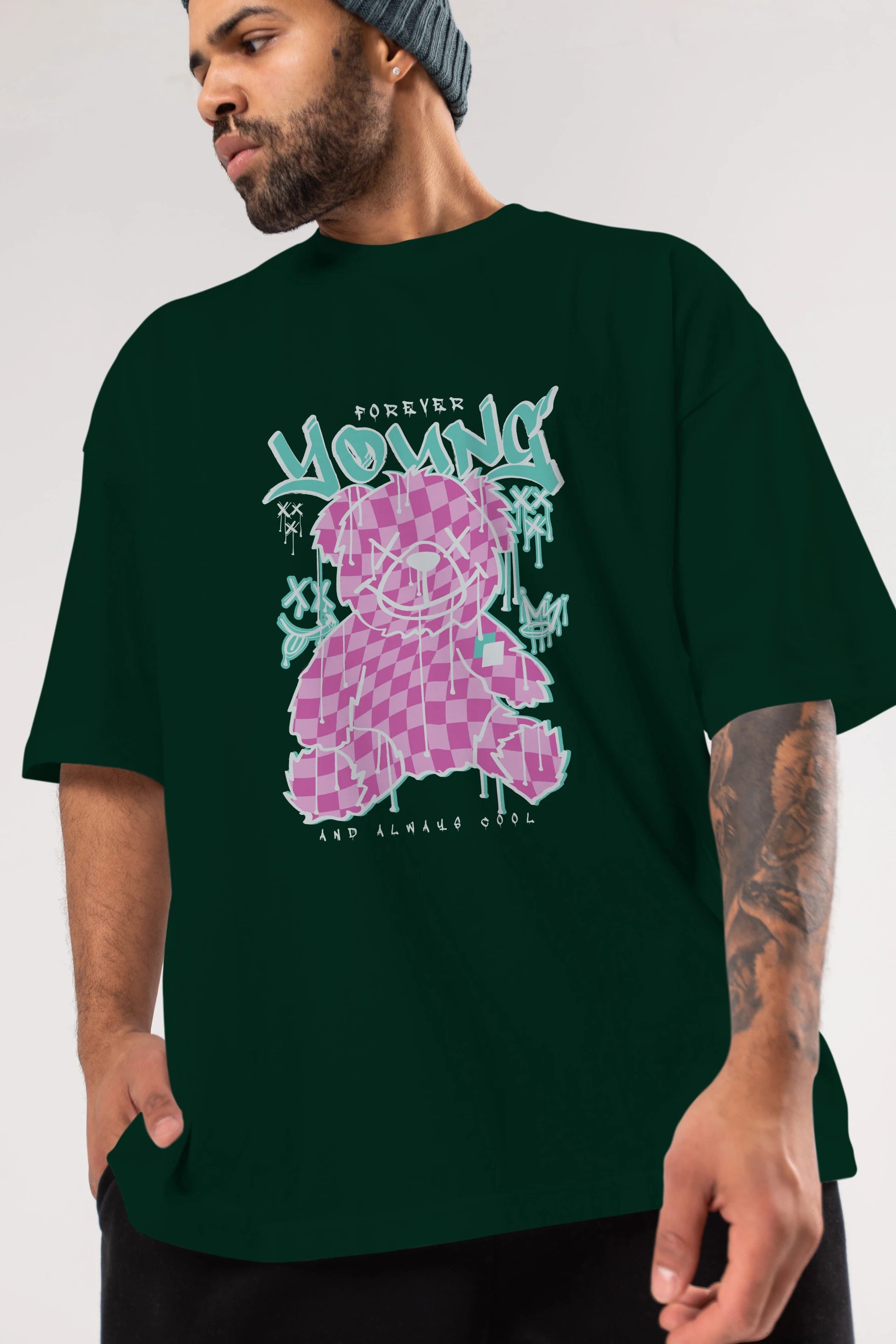 Young and Always Cool Bear Ön Baskılı Oversize t-shirt Erkek Kadın Unisex
