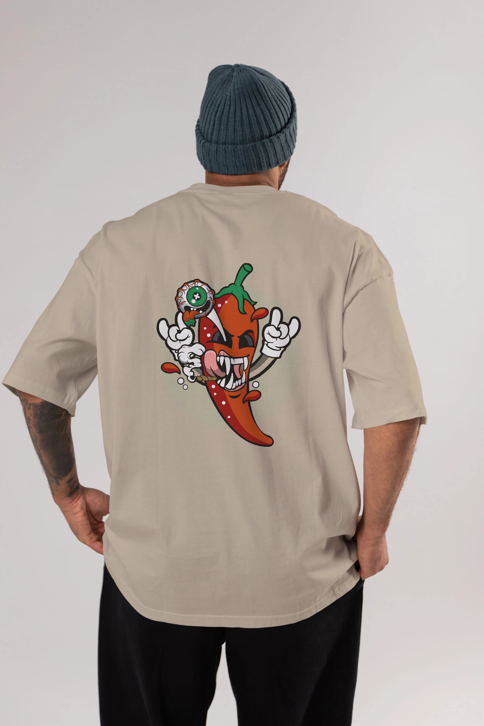 Chili Monster Arka Baskılı Oversize t-shirt Erkek Kadın Unisex %100 Pamuk tişort