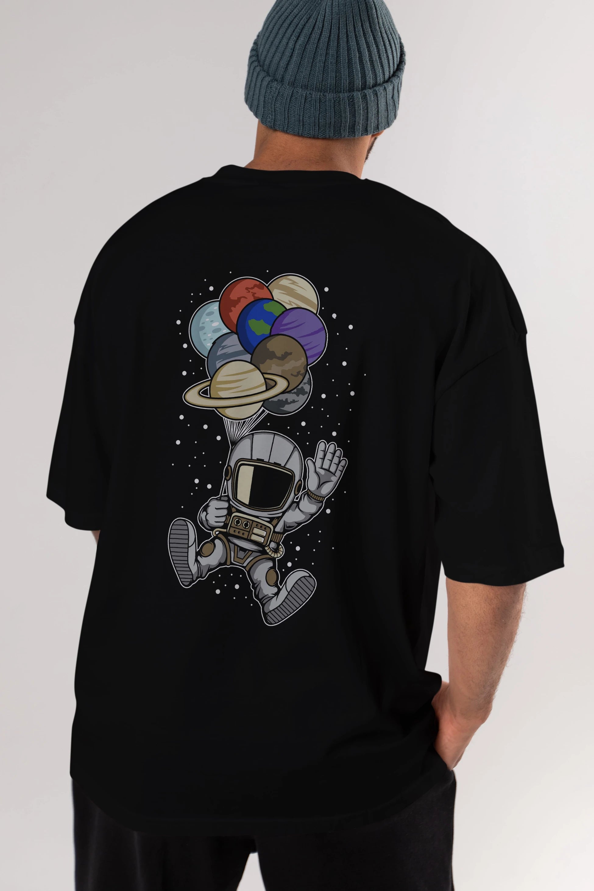 Astronaut Baloon Planets Arka Baskılı Oversize t-shirt Erkek Kadın Unisex