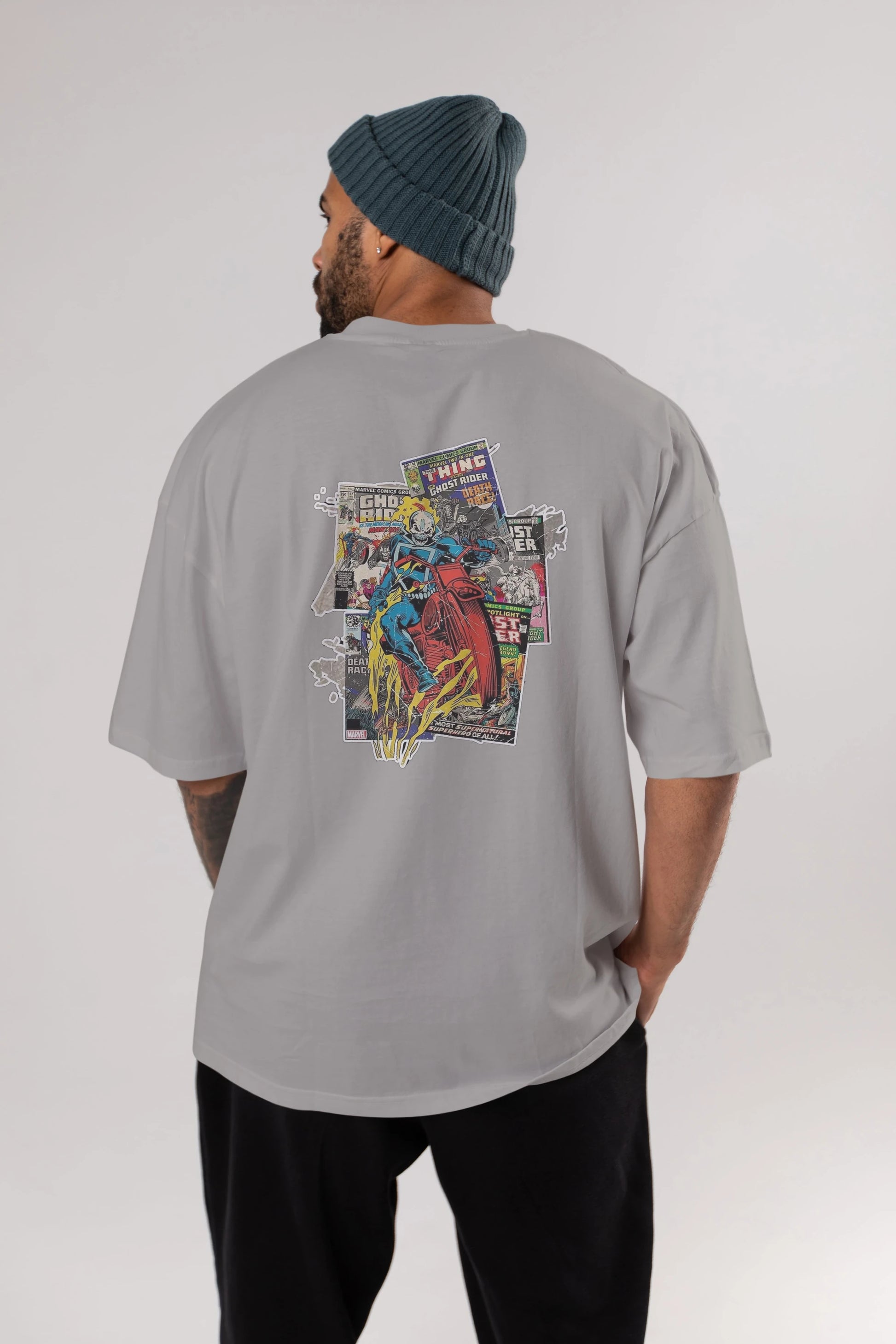 Ghost Rider Arka Baskılı Oversize t-shirt Erkek Kadın Unisex %100 Pamuk Bisiklet Yaka tişort