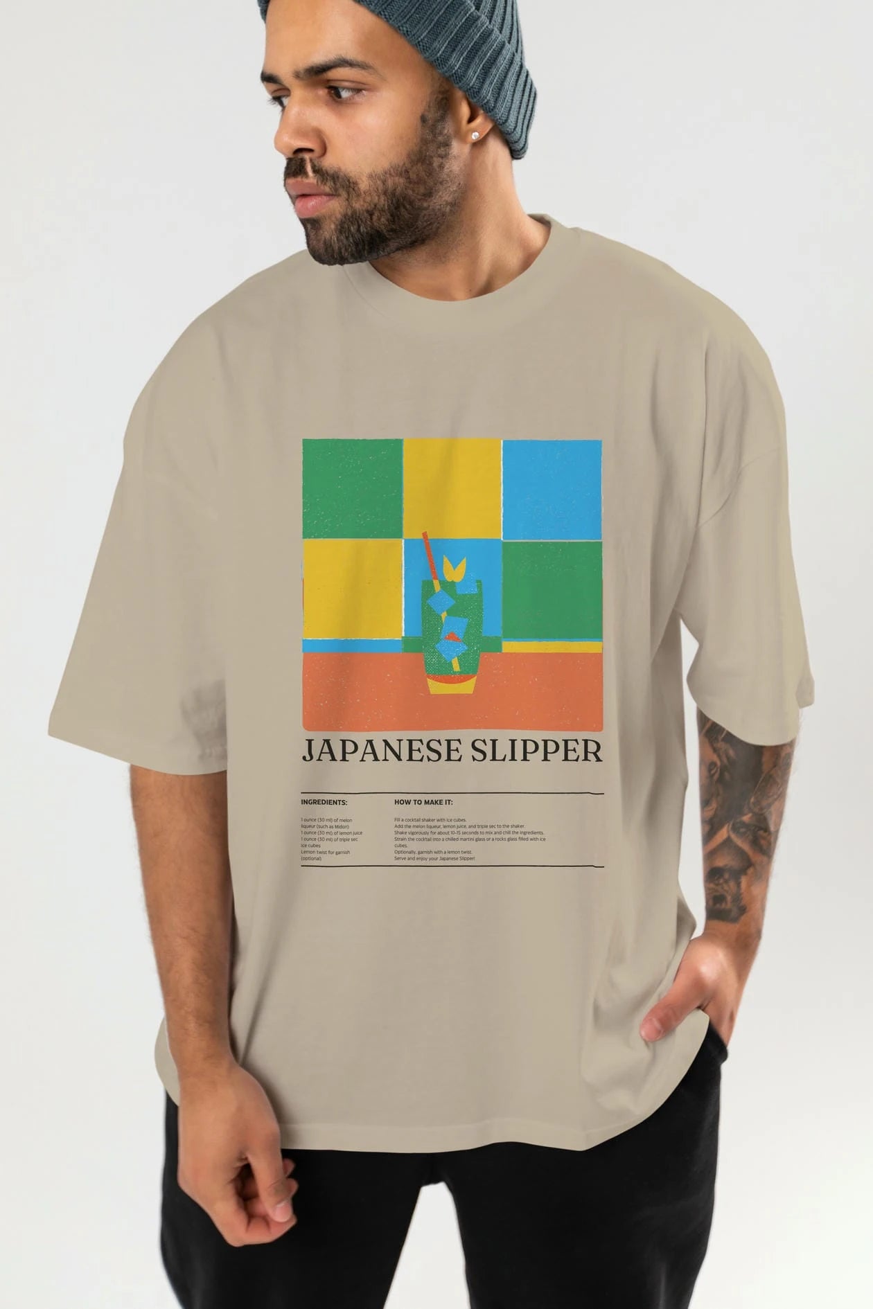Japanese Slipper Kokteyl Ön Baskılı Oversize t-shirt Erkek Kadın %100 Pamuk Bisiklet Yaka tişort