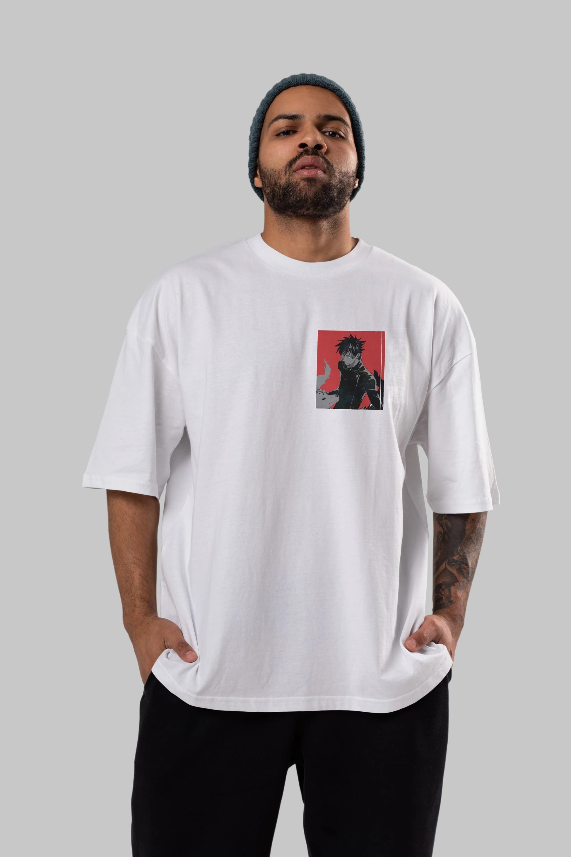 Megumi Fushiguro Ön Sol Baskılı Oversize t-shirt Erkek Kadın Unisex %100 Pamuk Bisiklet Yaka tişort