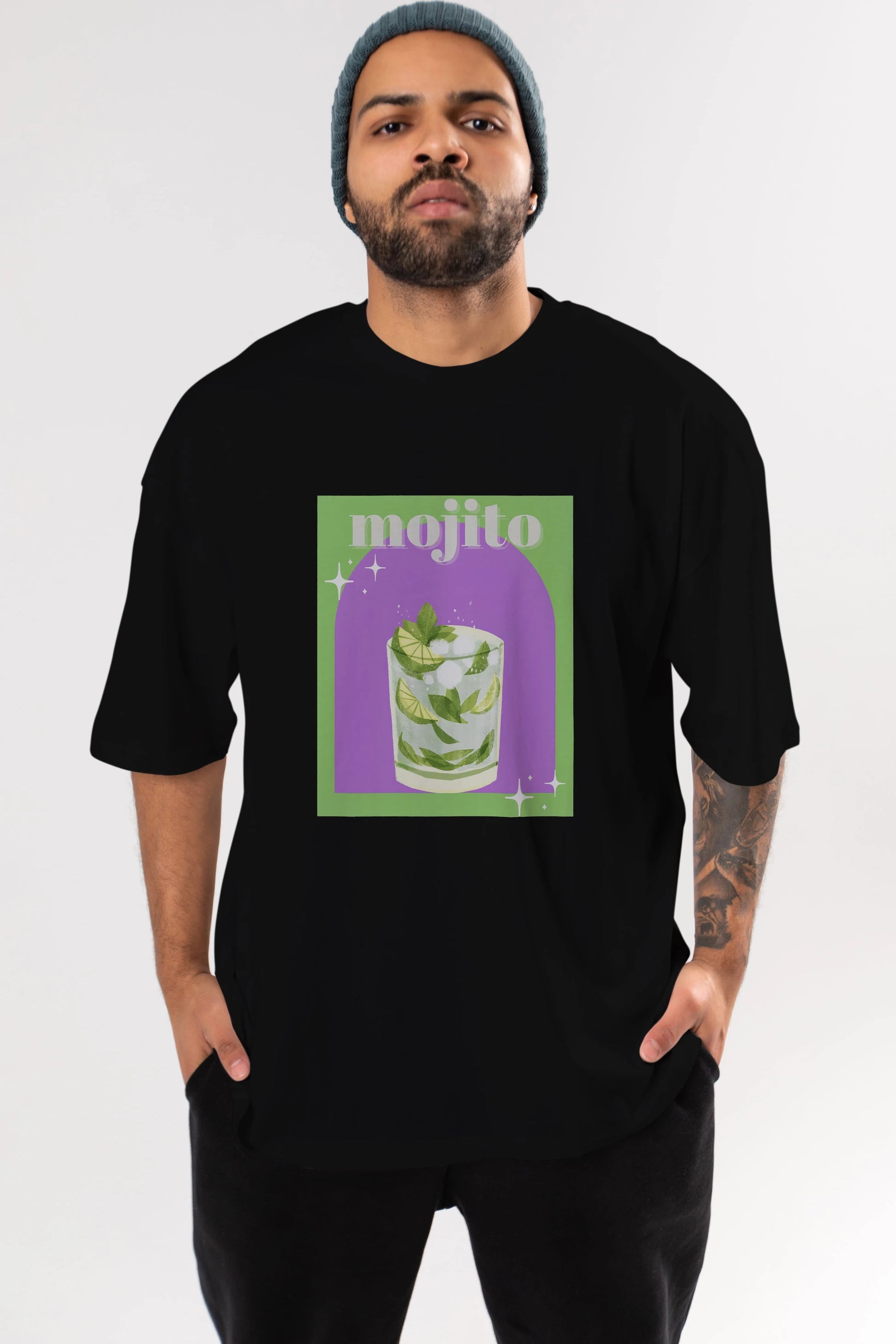 Mojito 3 Ön Baskılı Oversize t-shirt Erkek Kadın Unisex %100 Pamuk Bisiklet Yaka tişort