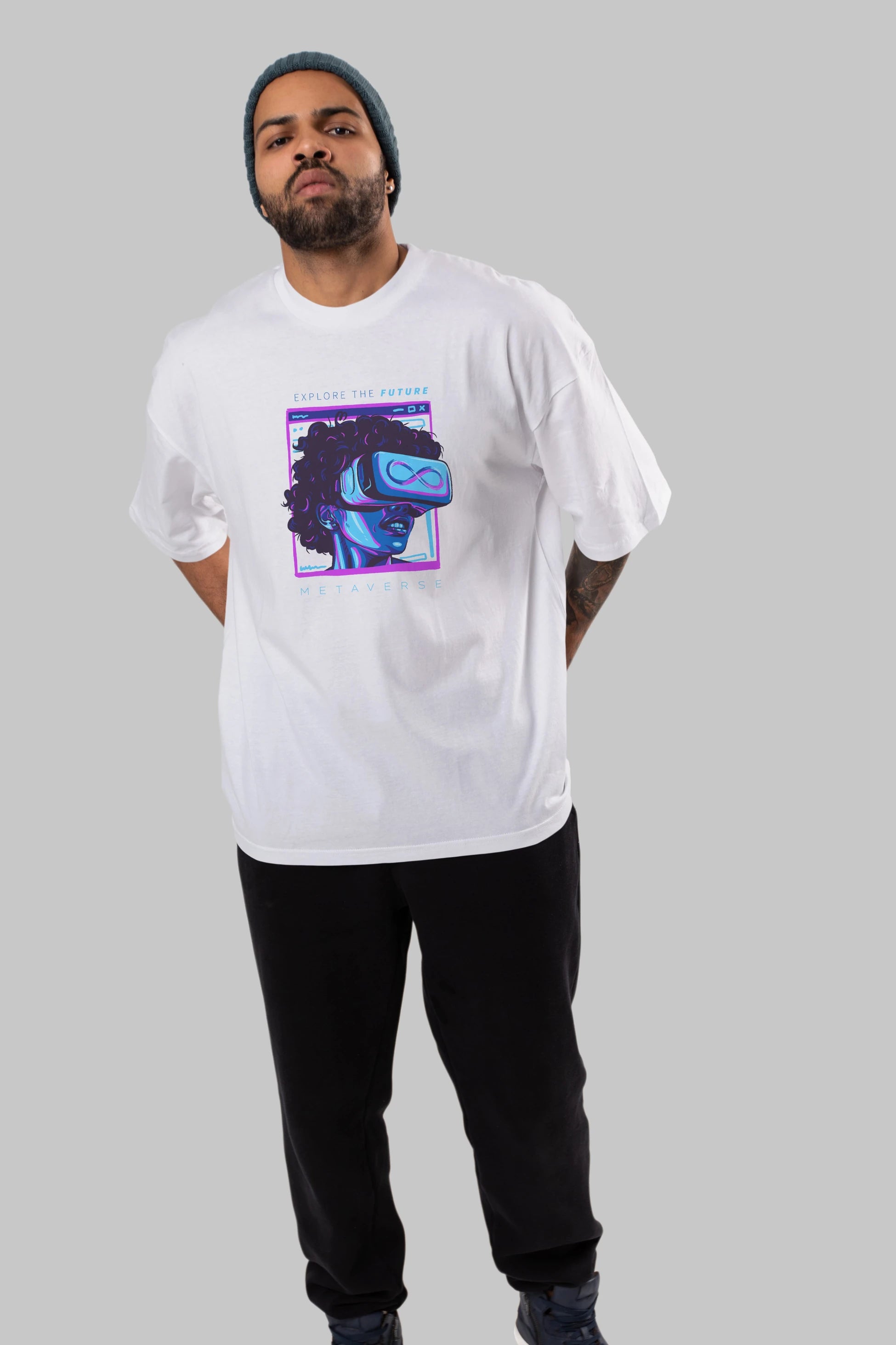 Metaverse Ön Baskılı Oversize t-shirt Erkek Kadın Unisex