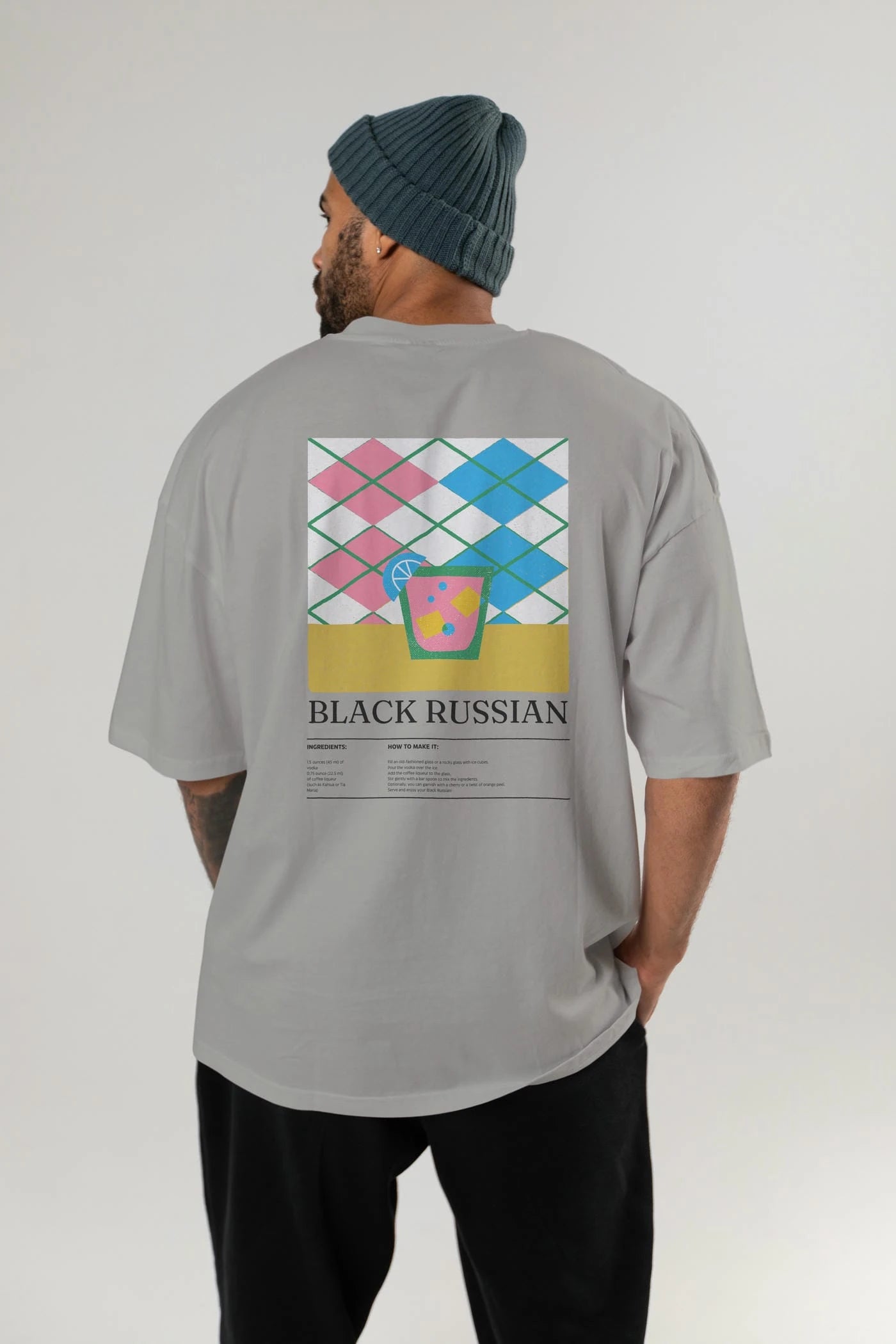Black Russian Kokteyl Serisi Arka Baskılı Oversize t-shirt Erkek Kadın %100 Pamuk Bisiklet Yaka tişort