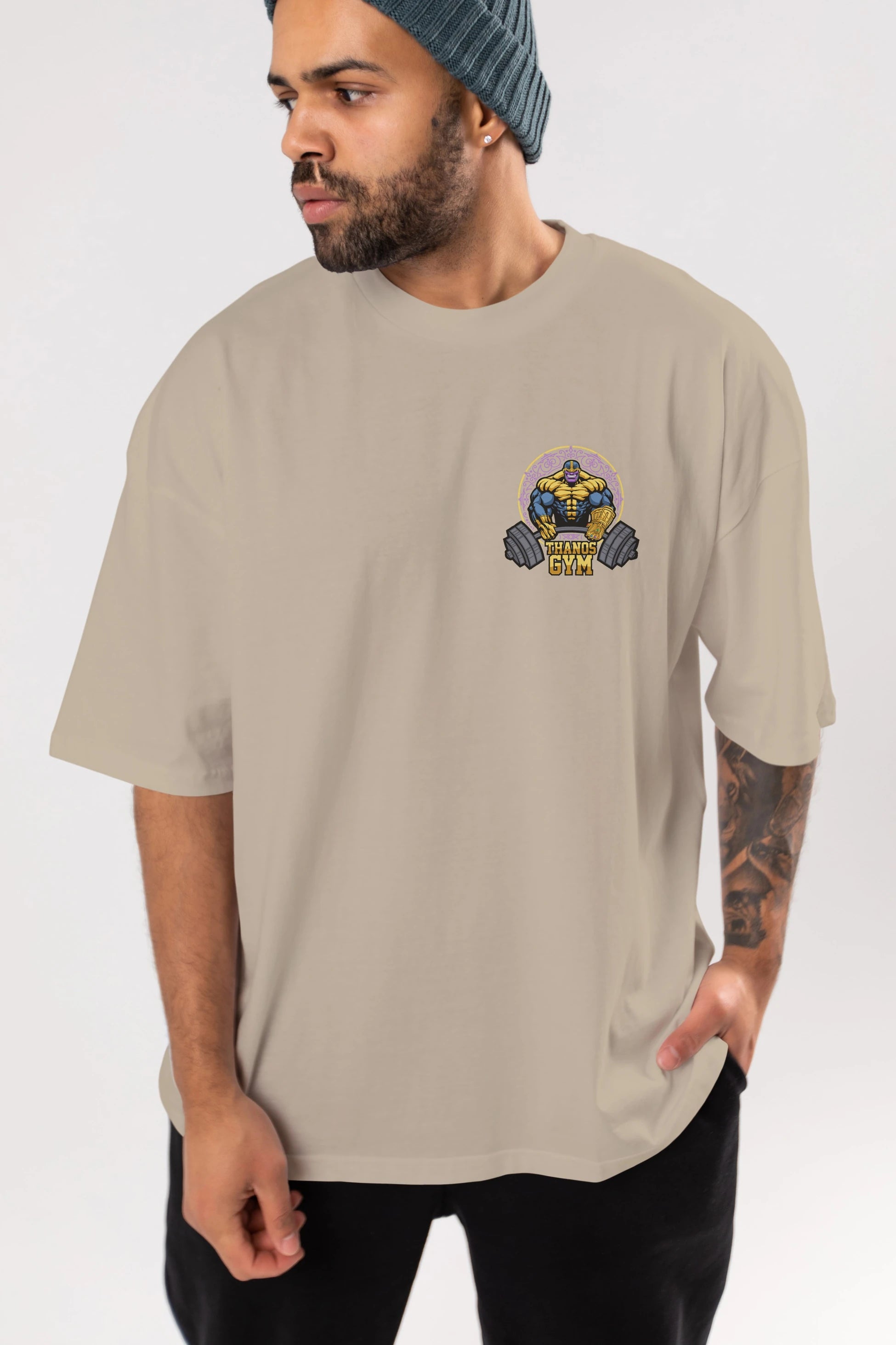 Thanos GYM Ön Sol Baskılı Oversize t-shirt Erkek Kadın Unisex %100 Pamuk Bisiklet Yaka tişort