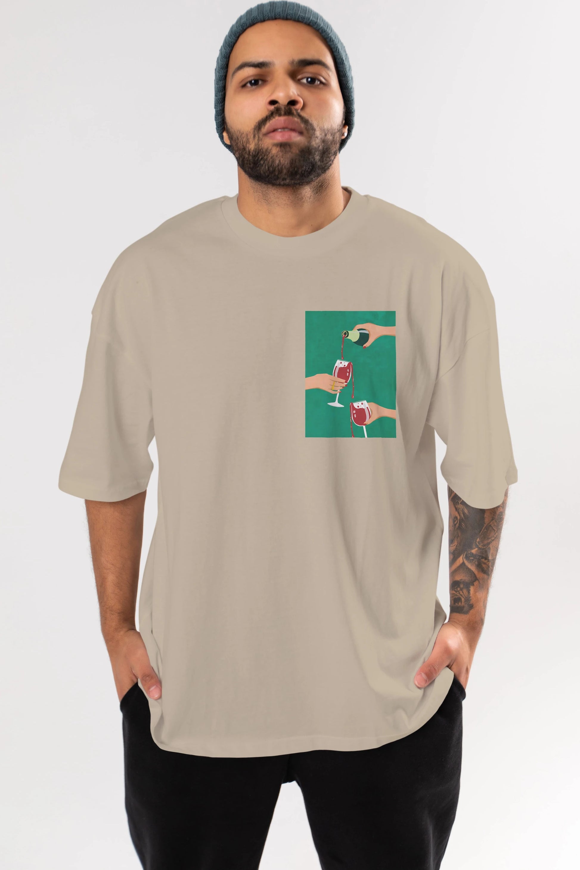 Wine 2 Ön Sol Baskılı Oversize t-shirt Erkek Kadın Unisex %100 Pamuk Bisiklet Yaka tişort