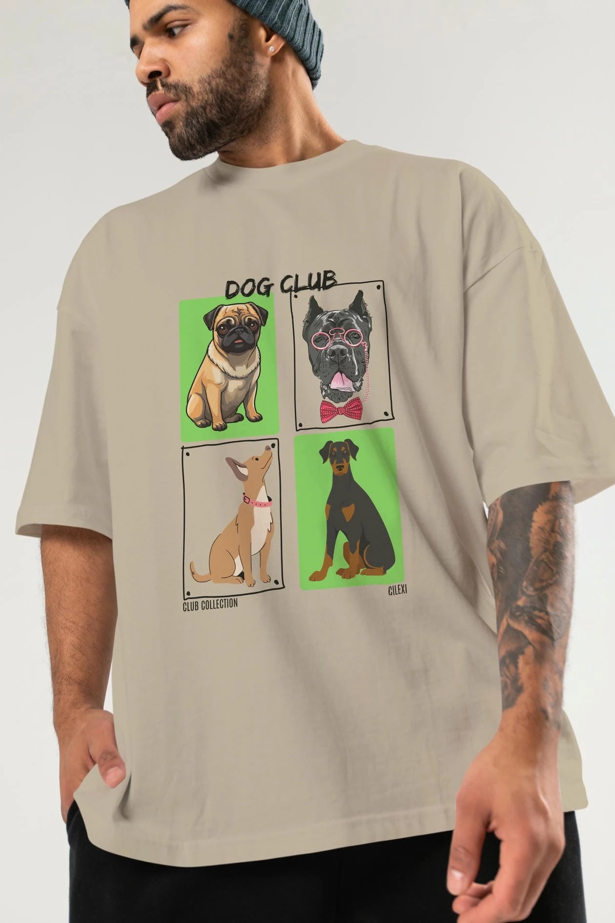 Dog Club ön Baskılı Oversize t-shirt Erkek Kadın %100 Pamuk Bisiklet Yaka tişort