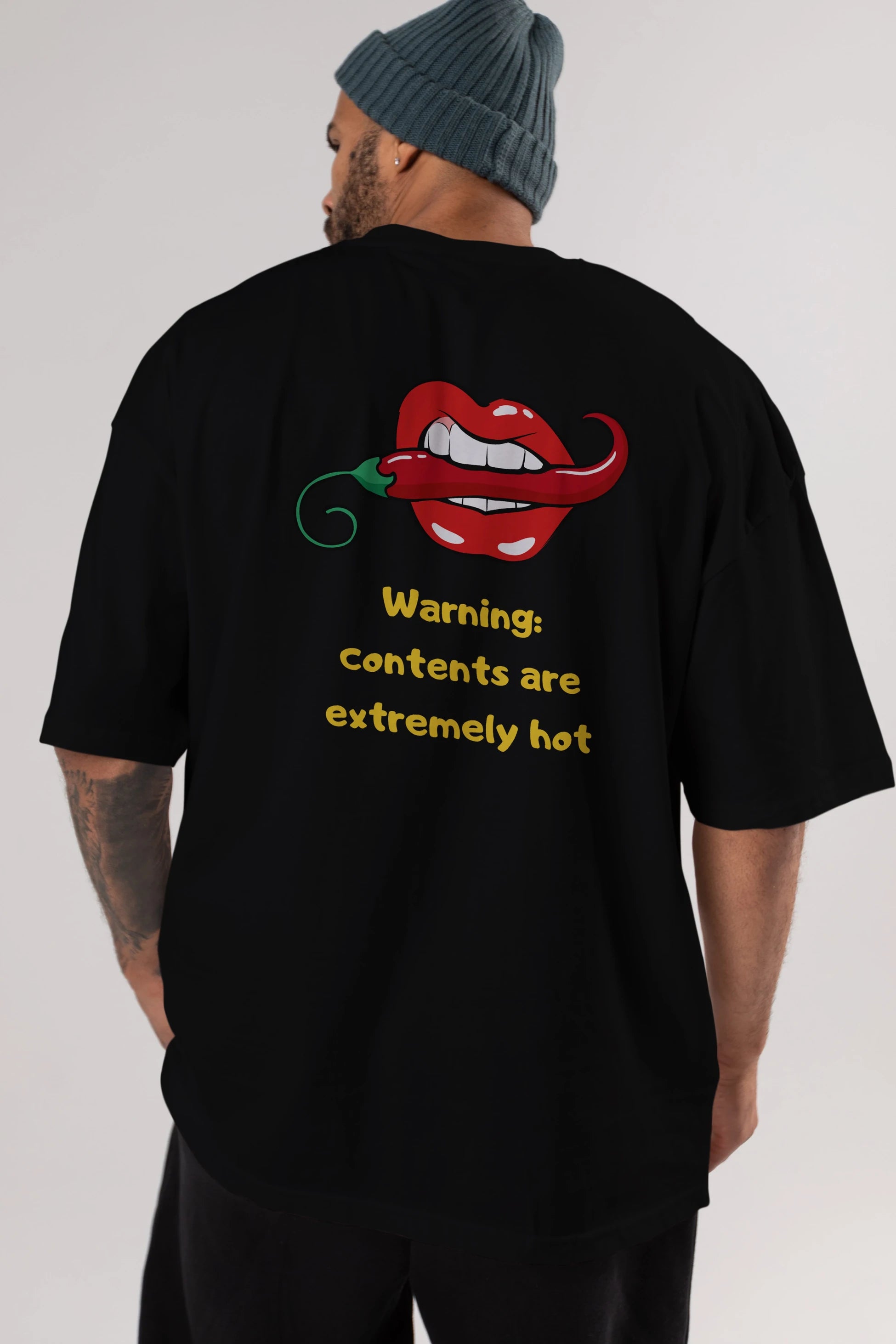 Warning Contents Yazılı Arka Baskılı Oversize t-shirt Erkek Kadın Unisex