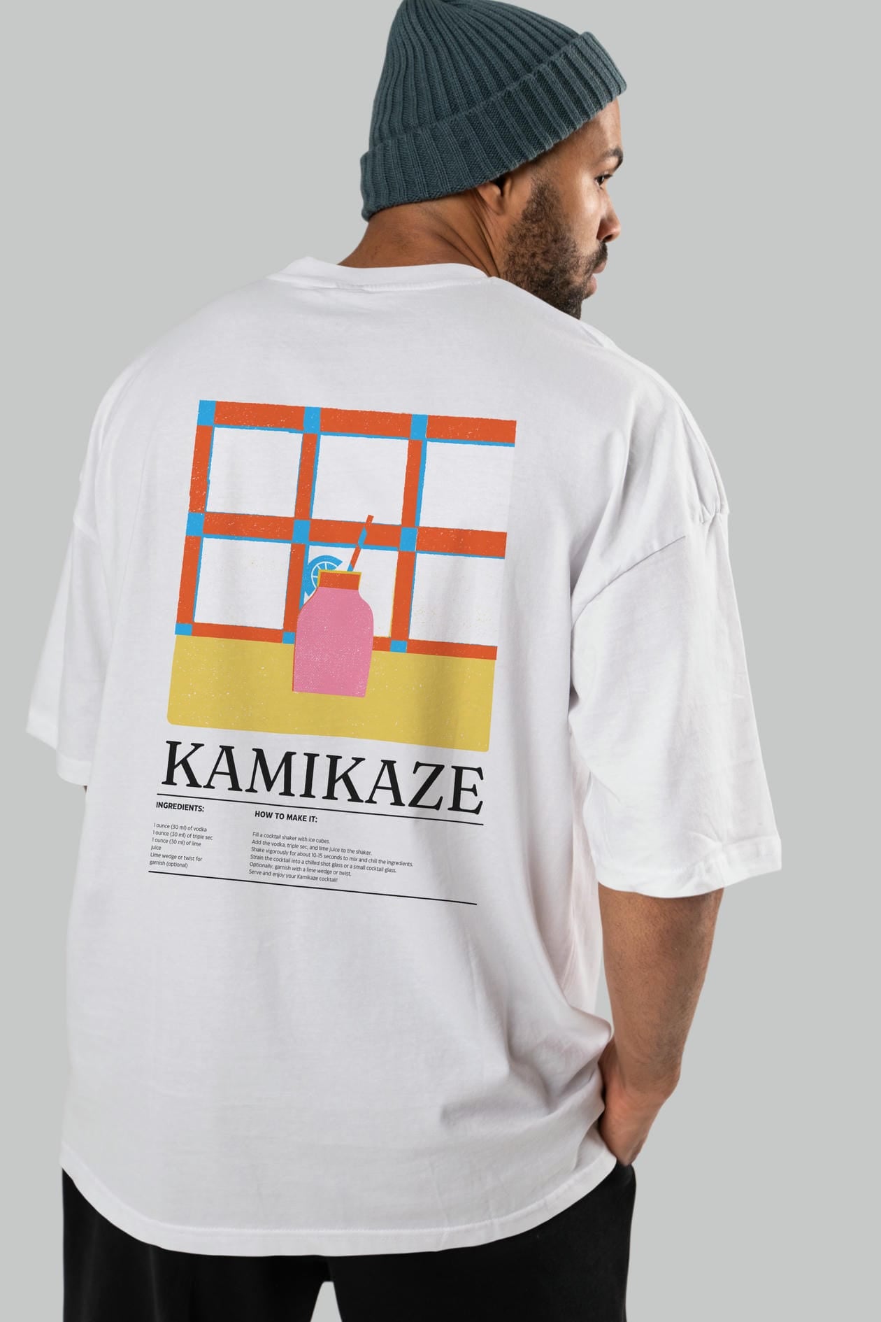 Kamikaze Kokteyl Serisi Arka Baskılı Oversize t-shirt Erkek Kadın %100 Pamuk Bisiklet Yaka tişort