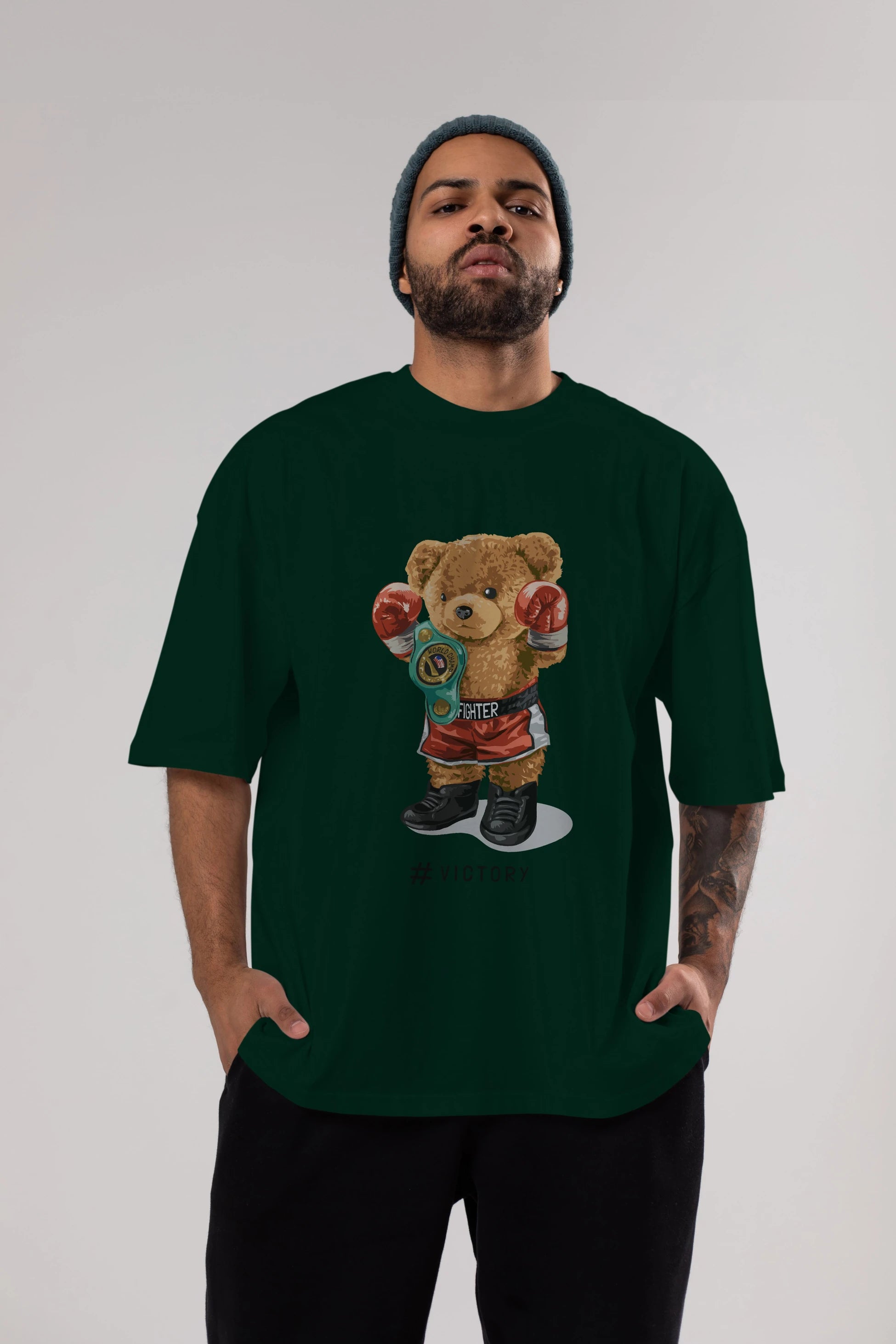 Teddy Bear Victory Ön Baskılı Oversize t-shirt Erkek Kadın Unisex %100 Pamuk