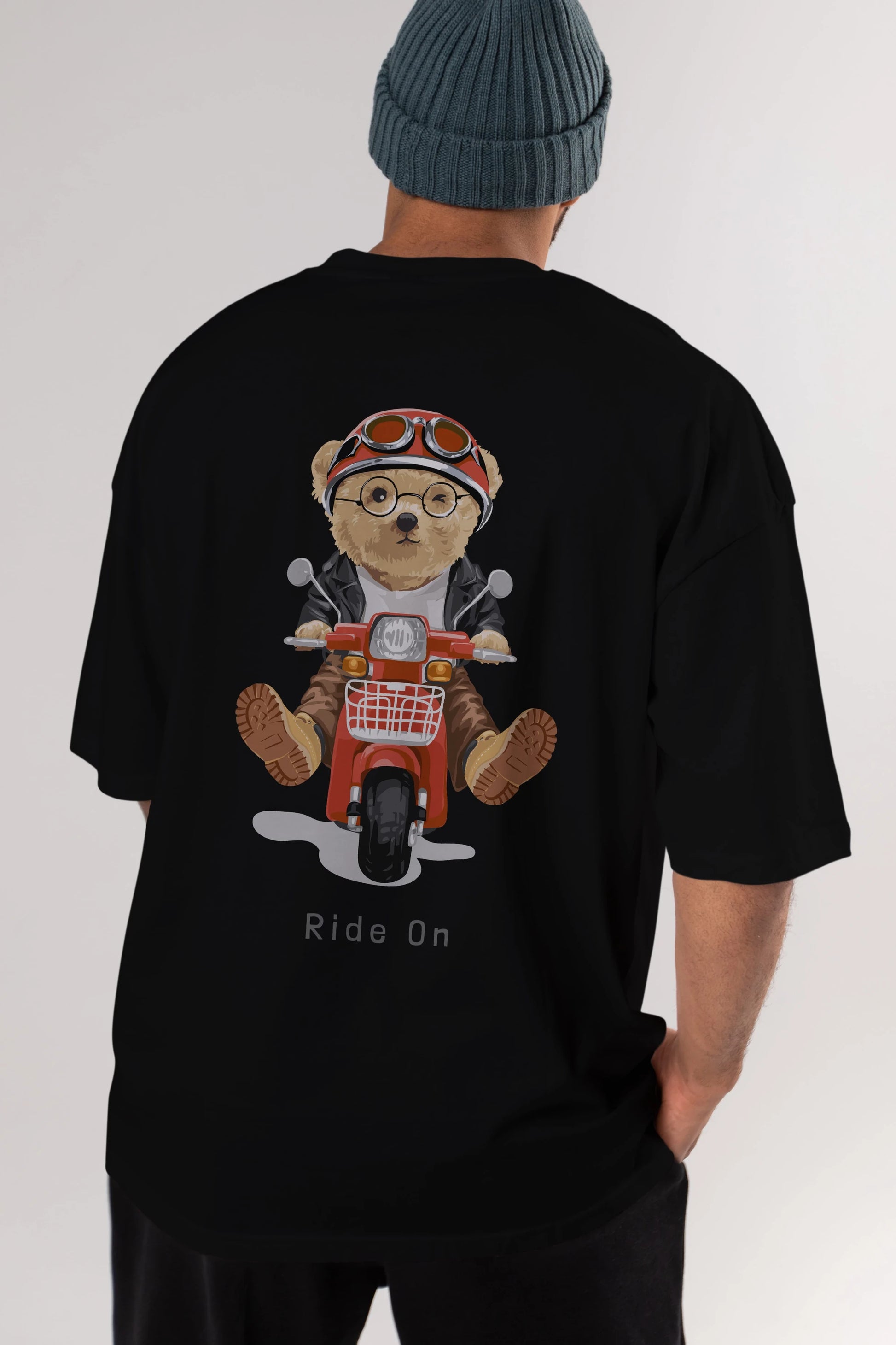 Teddy Bear Ride On Arka Baskılı Oversize t-shirt Erkek Kadın Unisex %100 Pamuk