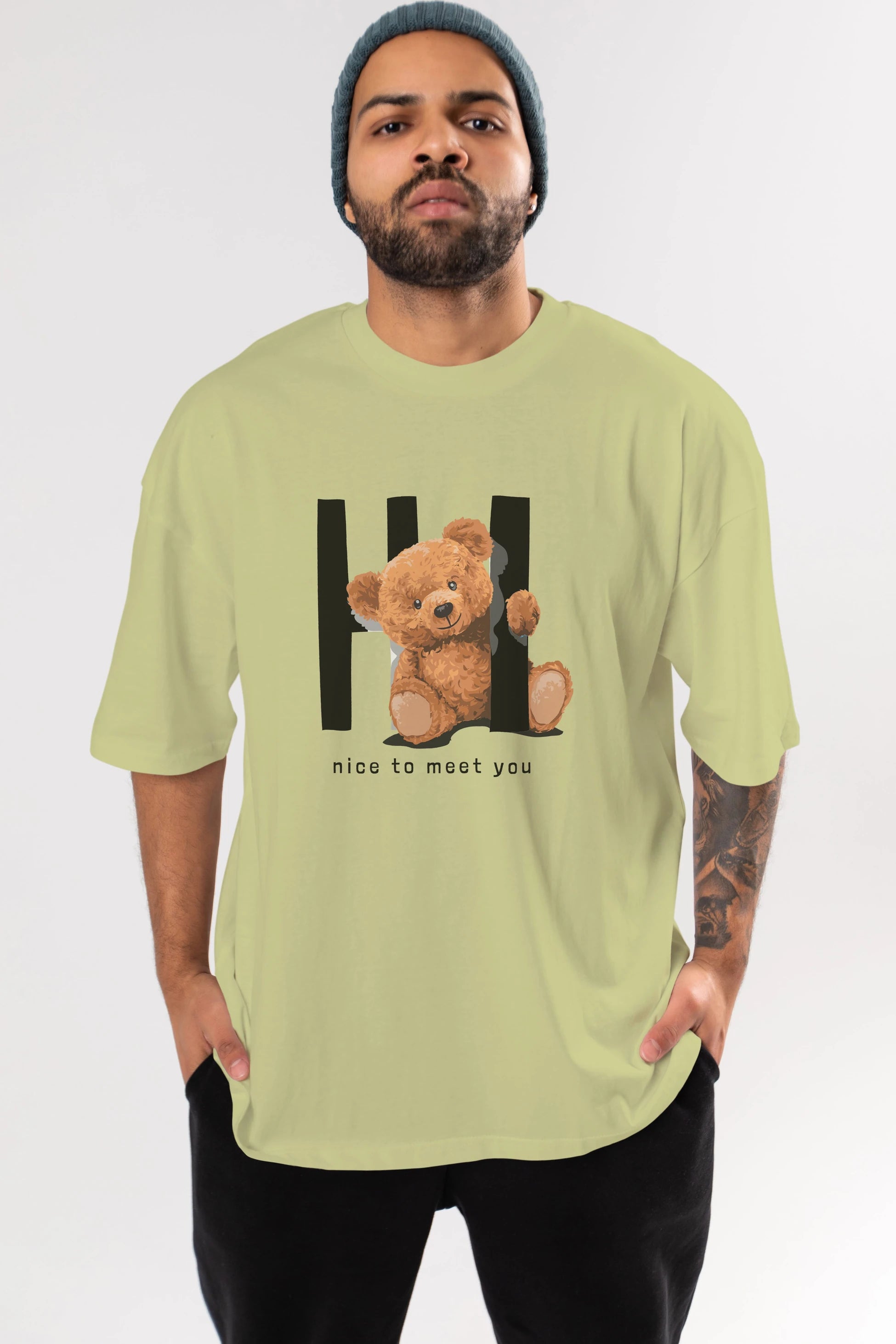 Teddy Bear Hi Nice To Meet You Ön Baskılı Oversize t-shirt Erkek Kadın Unisex %100 Pamuk