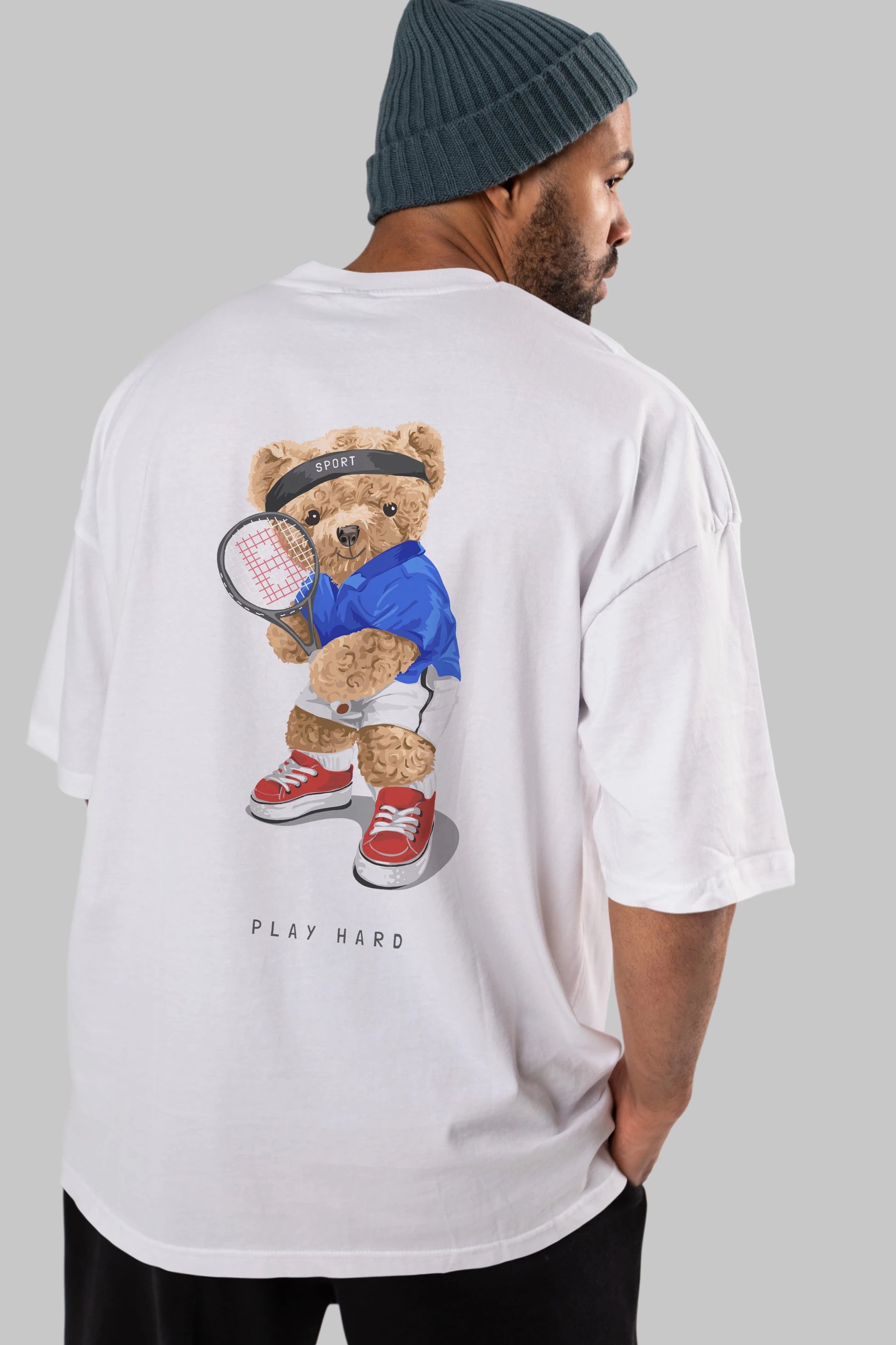Teddy Bear Play Hard Arka Baskılı Oversize t-shirt Erkek Kadın Unisex %100 Pamuk