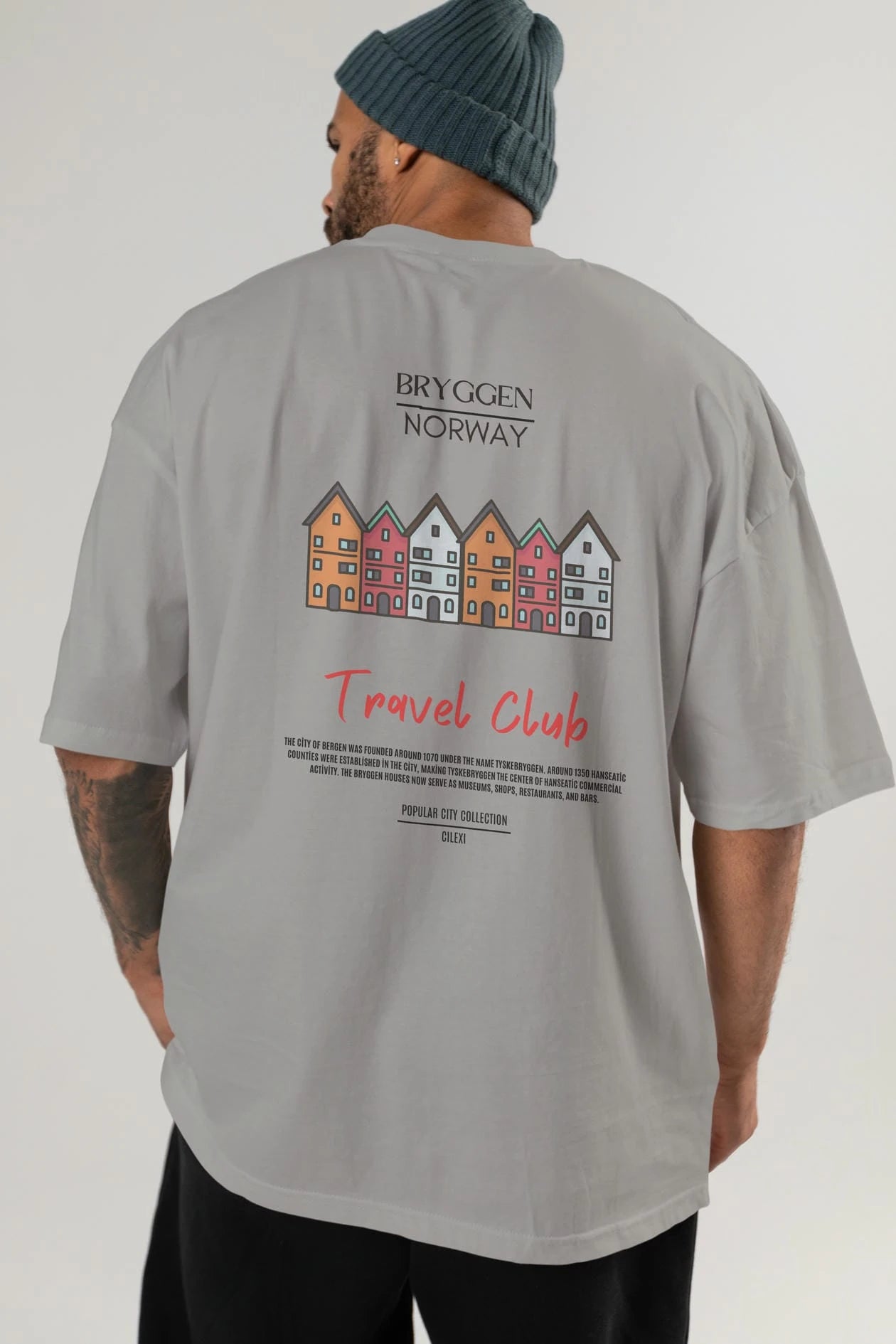 Bryggen Norway Arka Baskılı Oversize t-shirt Erkek Kadın Pamuk Bisiklet Yaka tişort