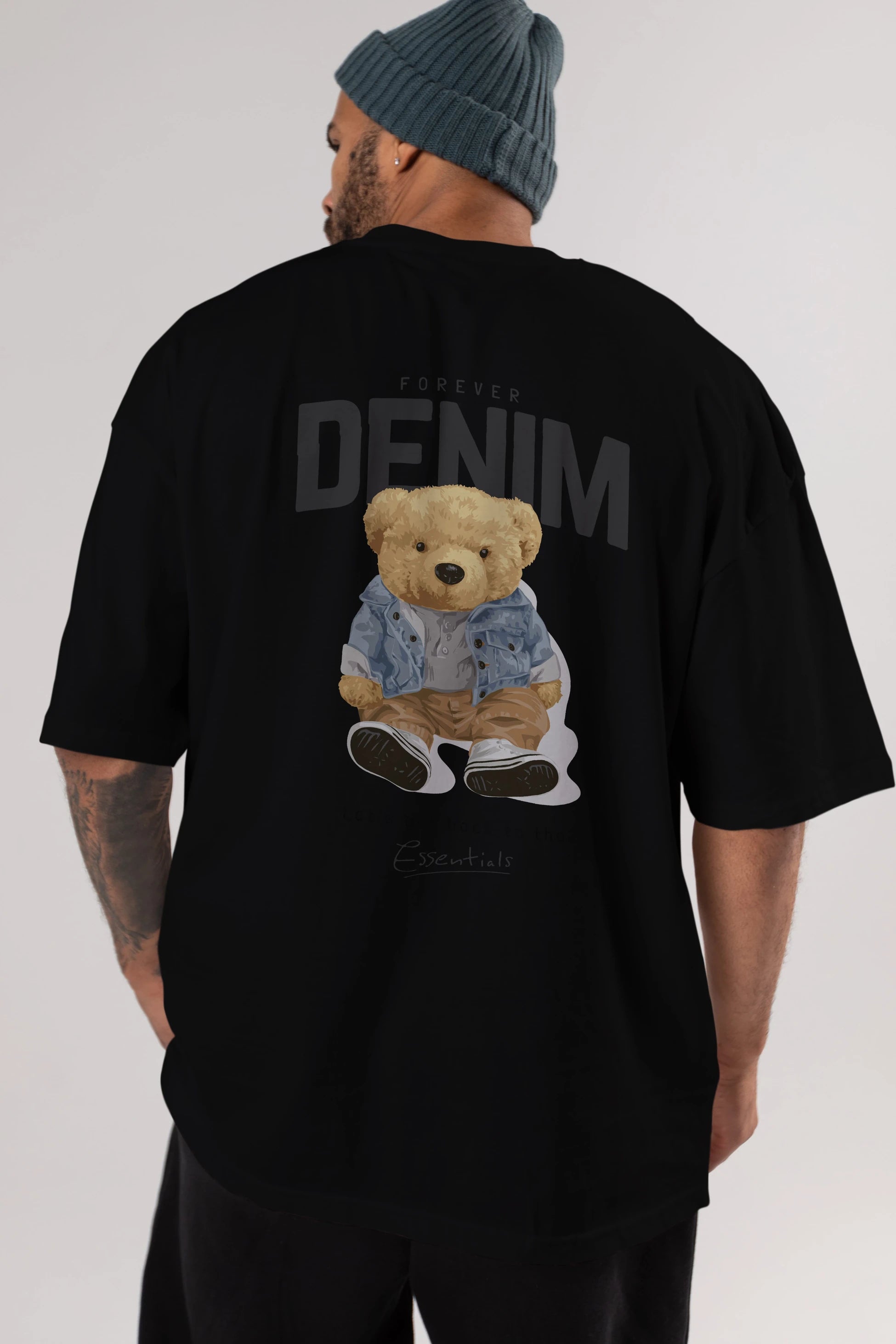 Teddy Bear Forever Denim Arka Baskılı Oversize t-shirt Erkek Kadın Unisex %100 Pamuk