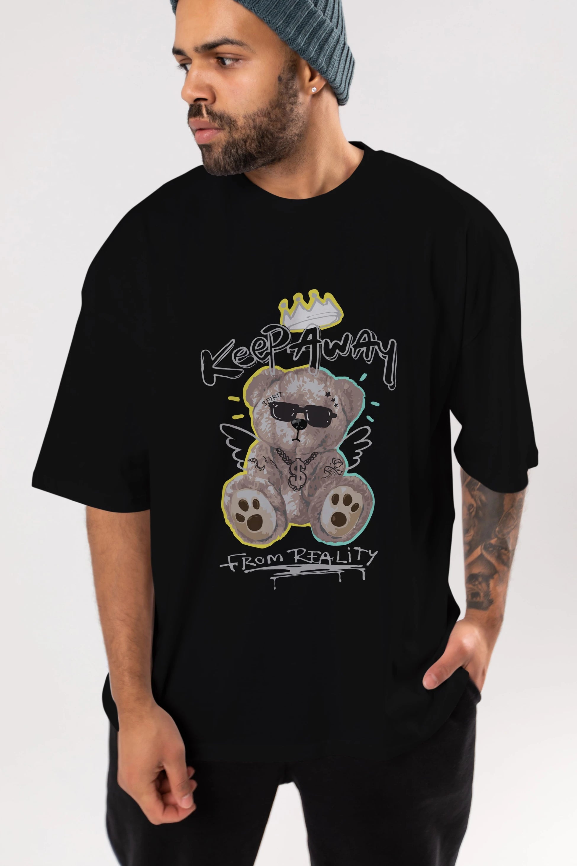 Keep Away Bear Ön Baskılı Oversize t-shirt Erkek Kadın Unisex