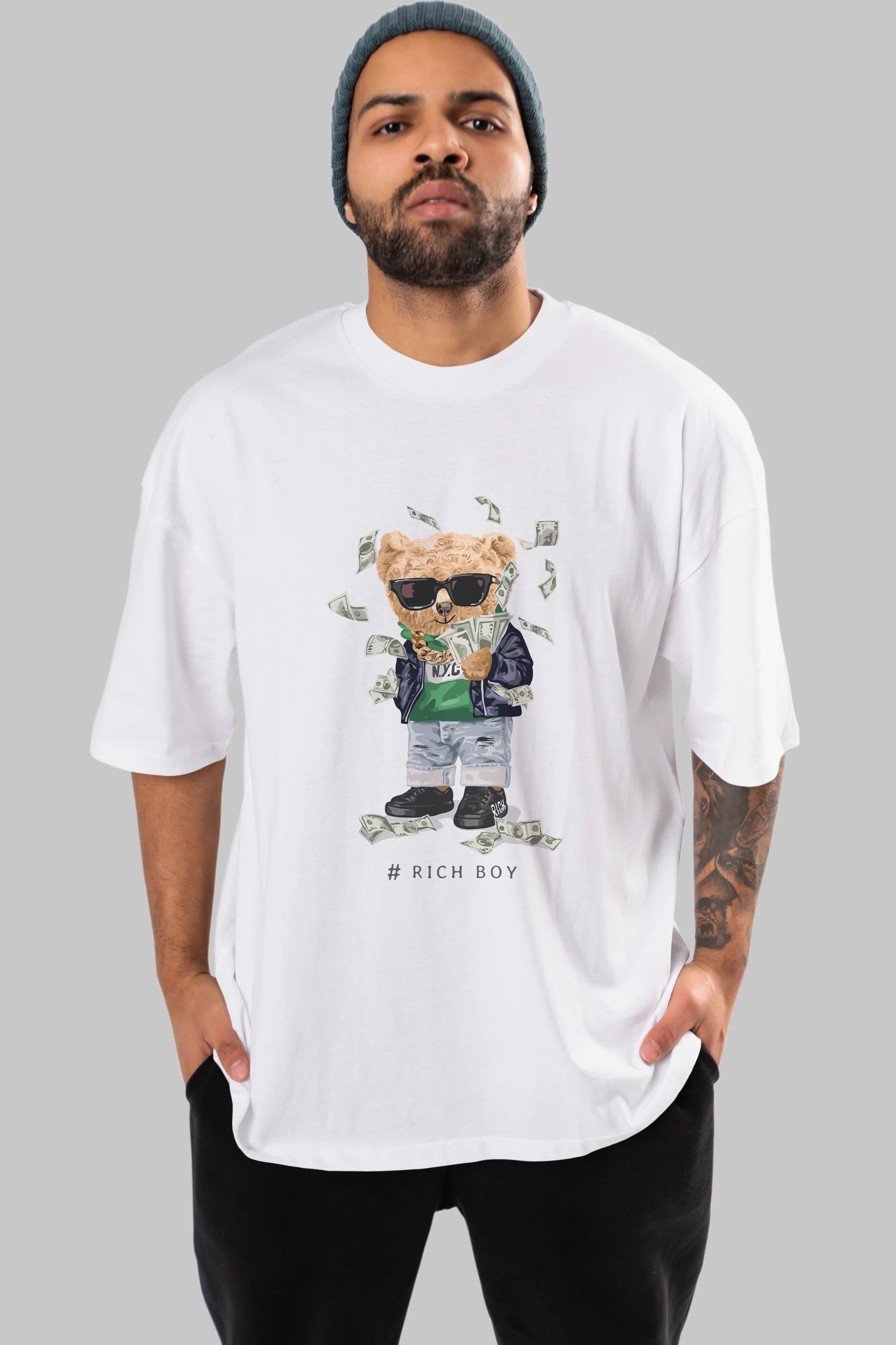 Teddy Bear Rich Boy Ön Baskılı Oversize t-shirt Erkek Kadın Unisex %100 Pamuk
