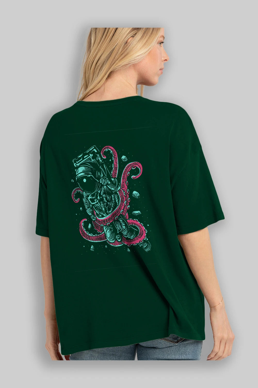 Astronaut Octopus Arka Baskılı Oversize t-shirt Erkek Kadın Unisex %100 Pamuk