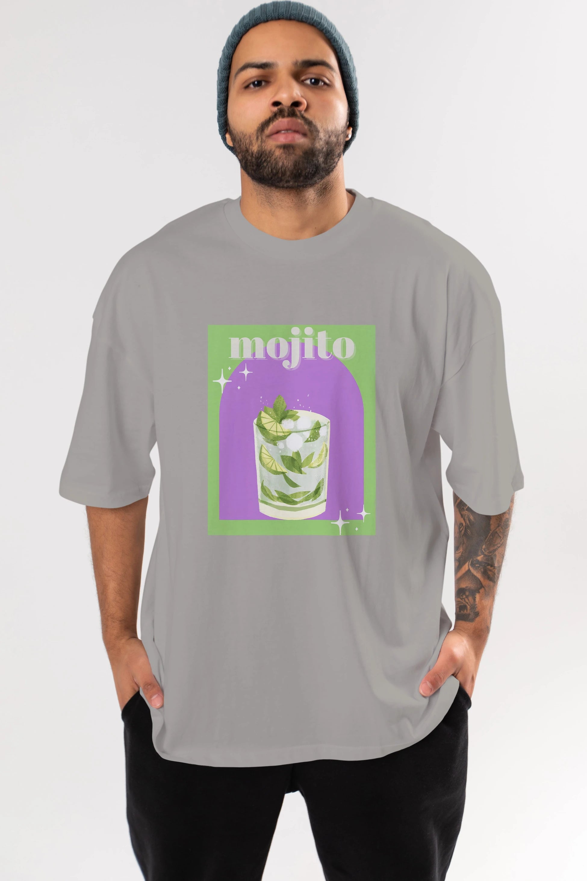 Mojito 3 Ön Baskılı Oversize t-shirt Erkek Kadın Unisex %100 Pamuk Bisiklet Yaka tişort