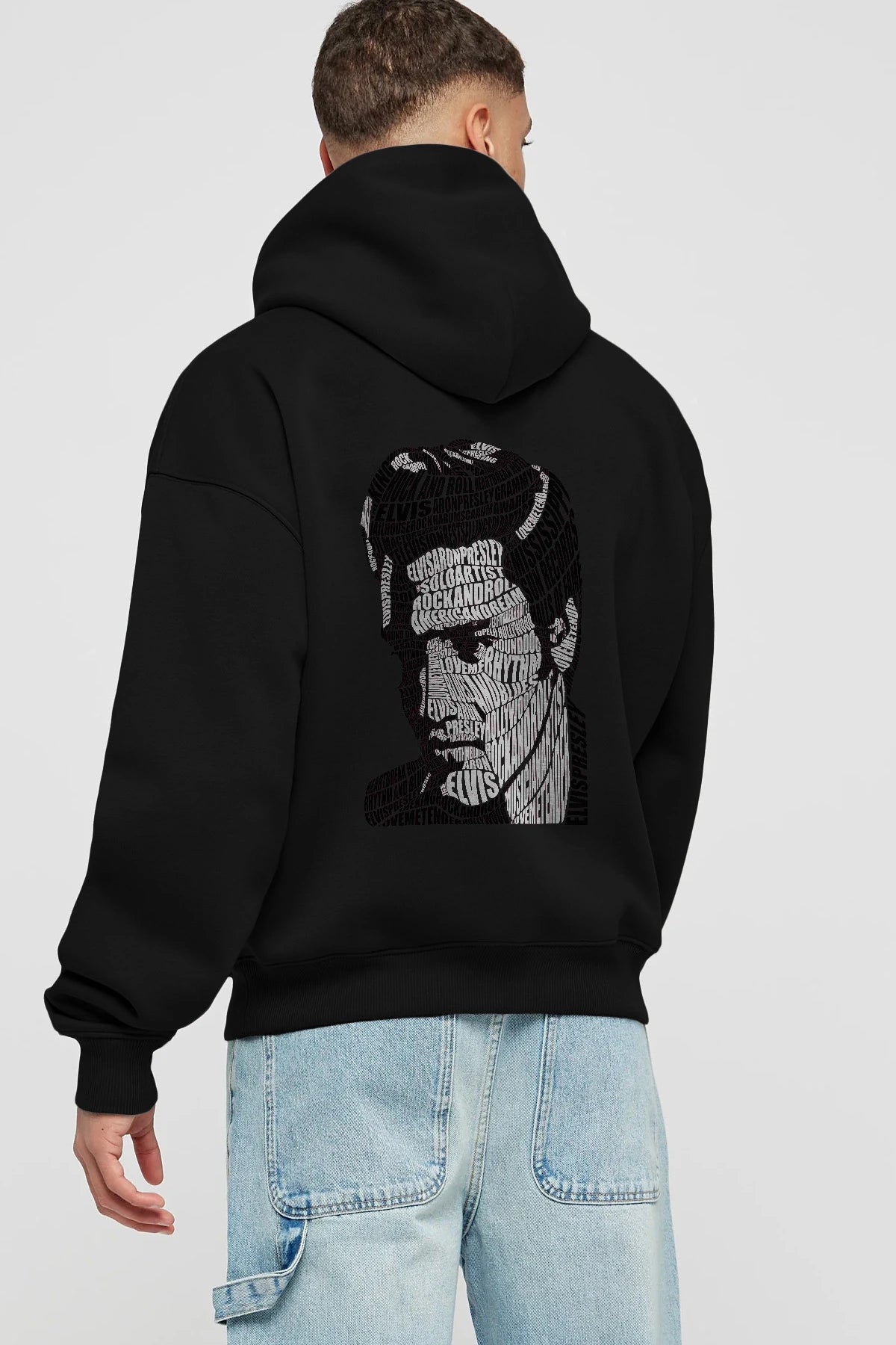 Elvis Presley Calligram Arka Baskılı Hoodie Oversize Kapüşonlu Sweatshirt Erkek Kadın Unisex