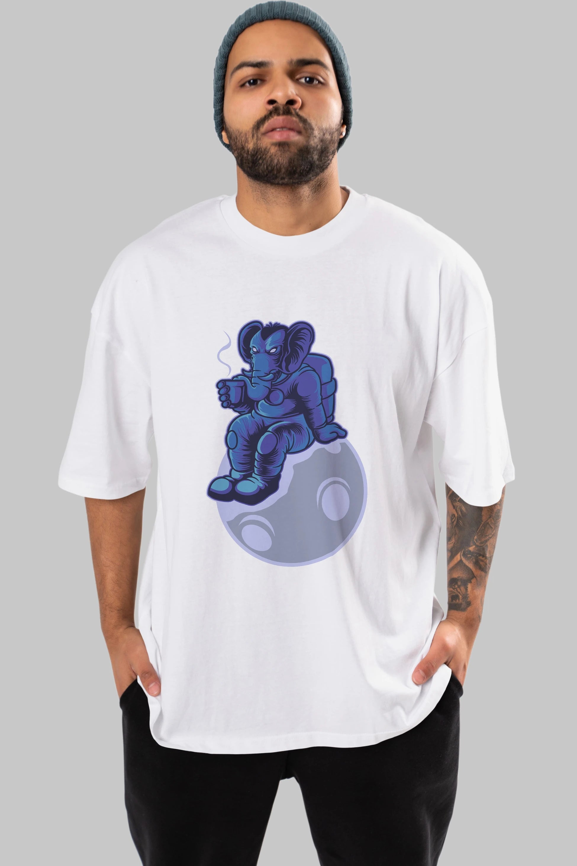 Space Elephant Drink Coffee Ön Baskılı Oversize t-shirt Erkek Kadın Unisex