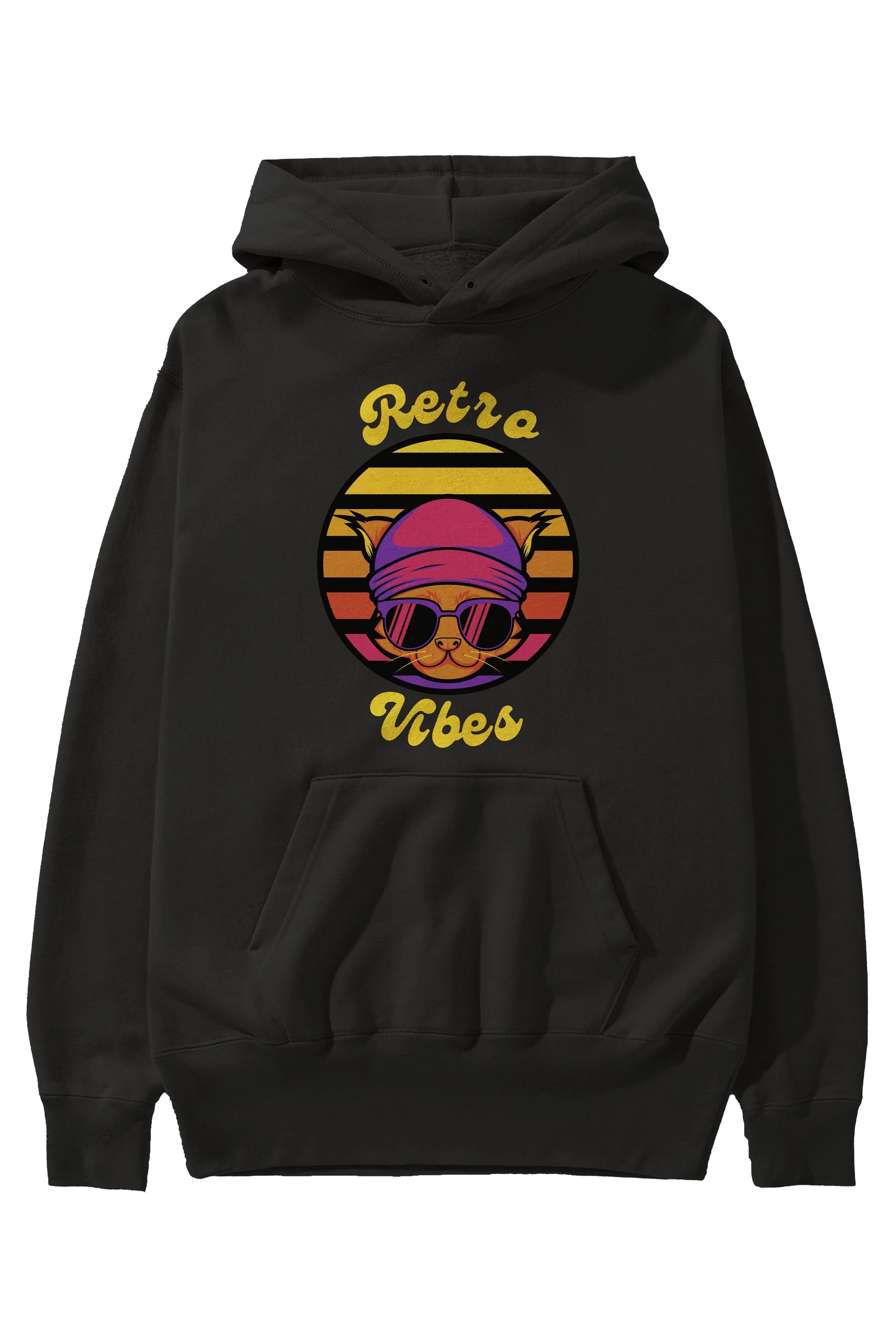Cat Retro Vibes Ön Baskılı Oversize Hoodie Kapüşonlu Sweatshirt Erkek Kadın Unisex