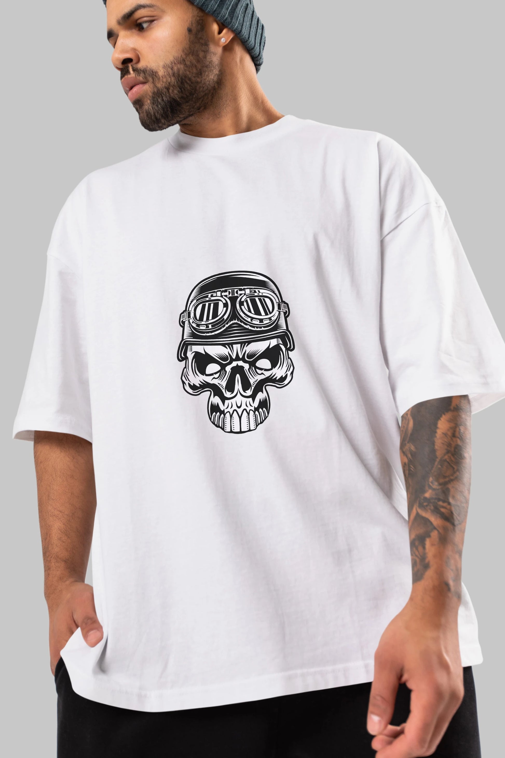 Biker Skull Helmet Ön Baskılı Oversize t-shirt Erkek Kadın Unisex %100 Pamuk tişort