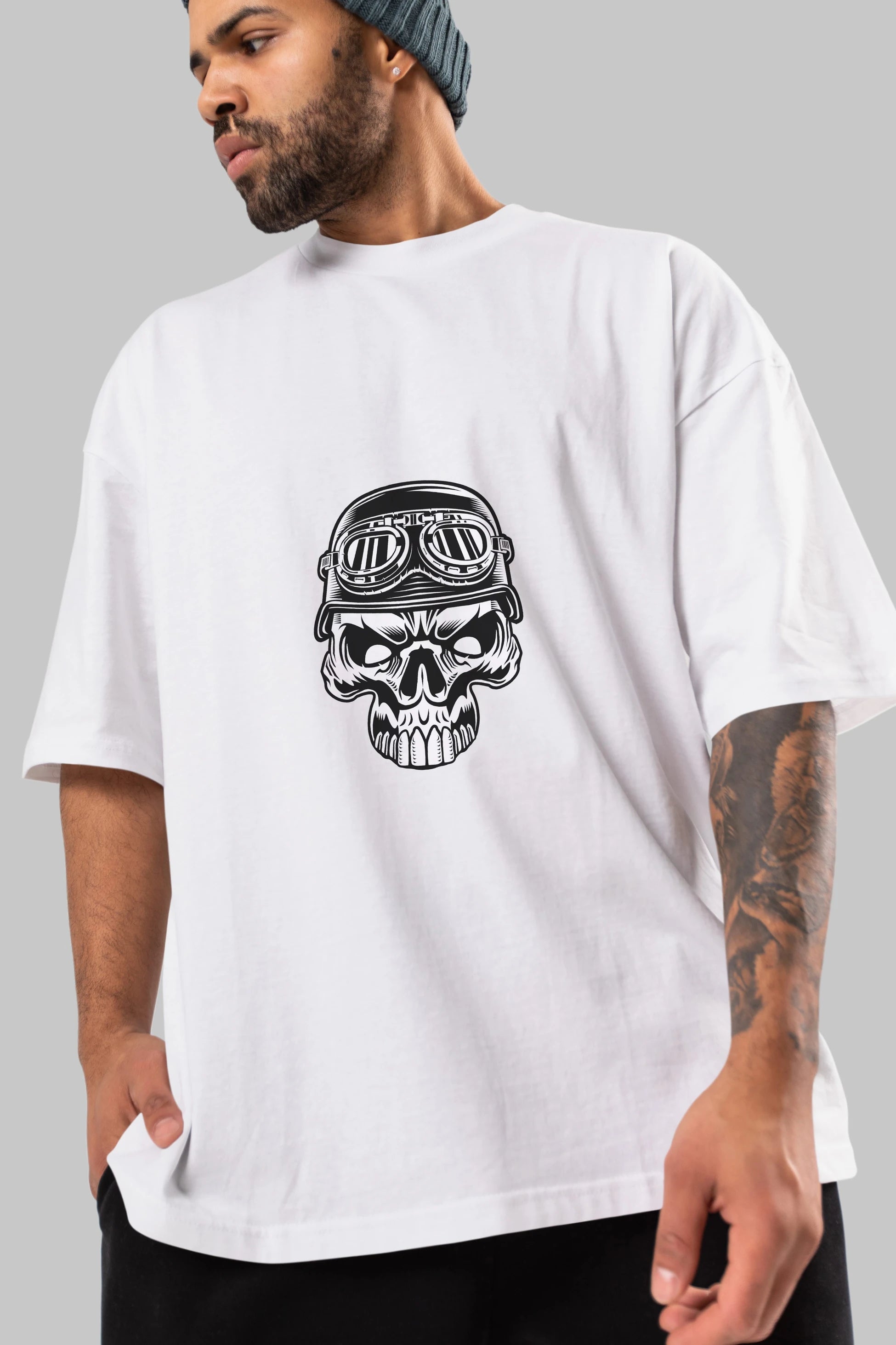 Biker Skull Helmet Ön Baskılı Oversize t-shirt Erkek Kadın Unisex %100 Pamuk tişort