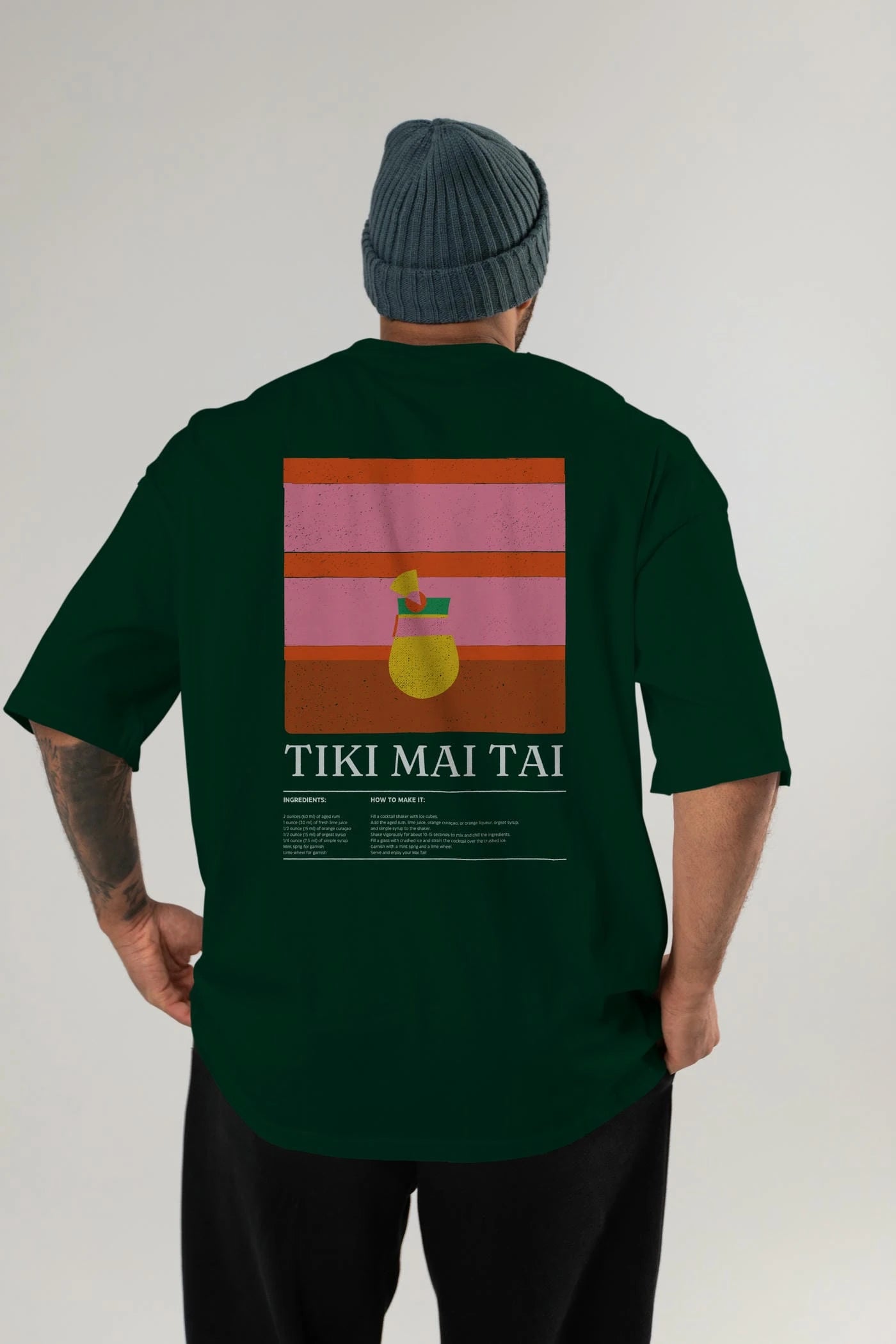 Tiki Mai Tai Kokteyl Serisi Arka Baskılı Oversize t-shirt Erkek Kadın %100 Pamuk Bisiklet Yaka tişort