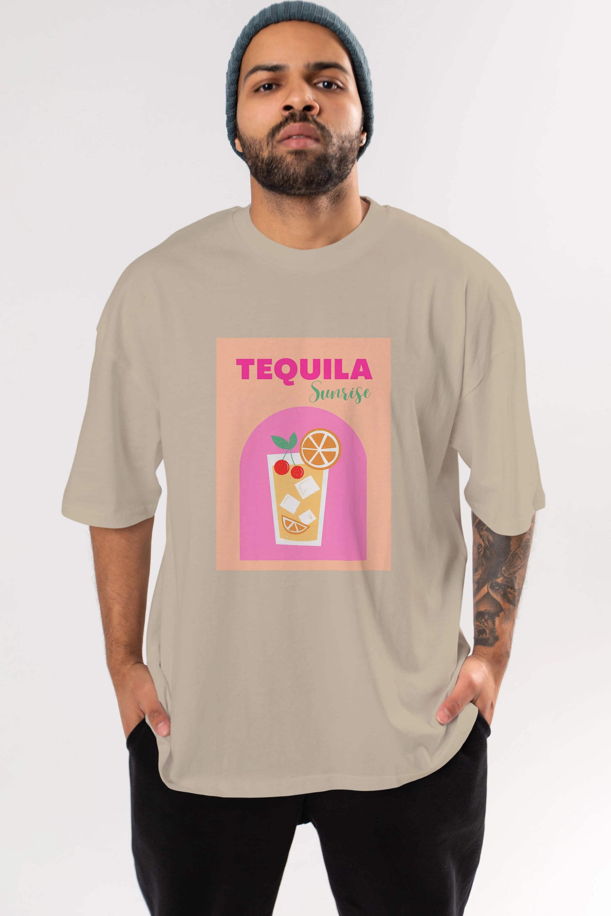 Tequila Sunrise 2 Ön Baskılı Oversize t-shirt Erkek Kadın Unisex %100 Pamuk Bisiklet Yaka tişort