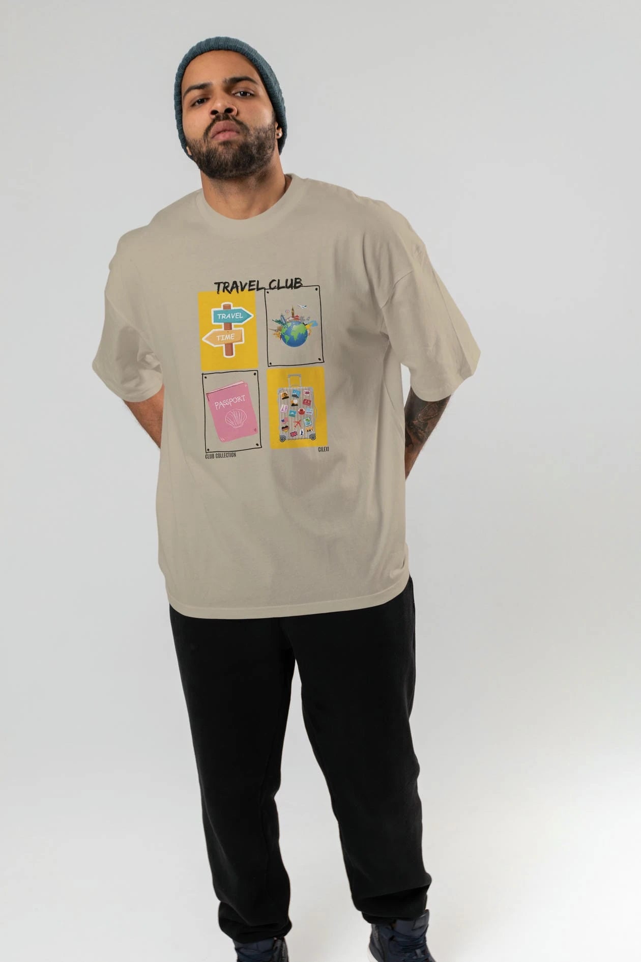 Travel Club ön Baskılı Oversize t-shirt Erkek Kadın %100 Pamuk Bisiklet Yaka tişort