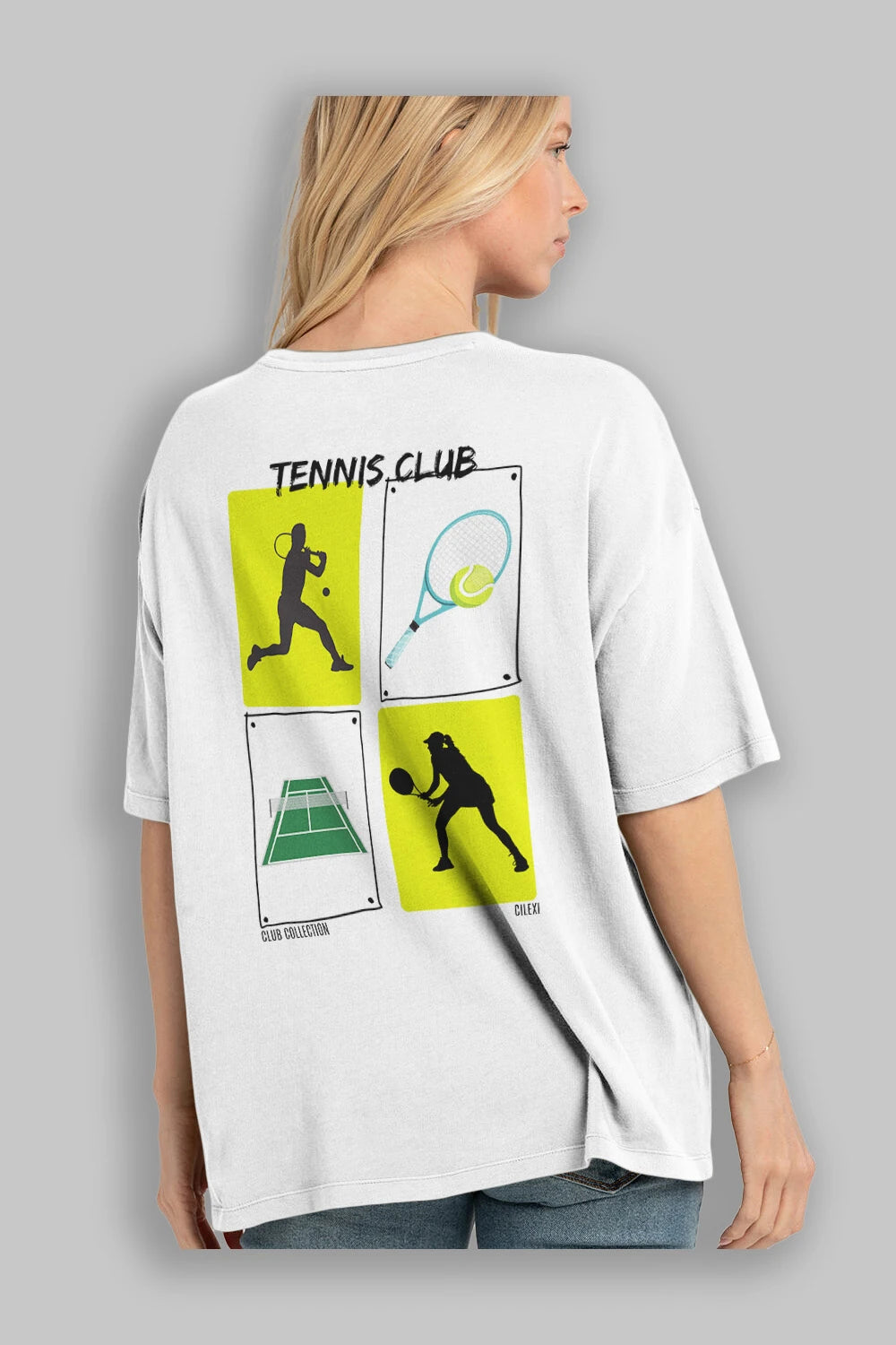 Tennis Club Arka Baskılı Oversize t-shirt Erkek Kadın %100 Pamuk Bisiklet Yaka tişort