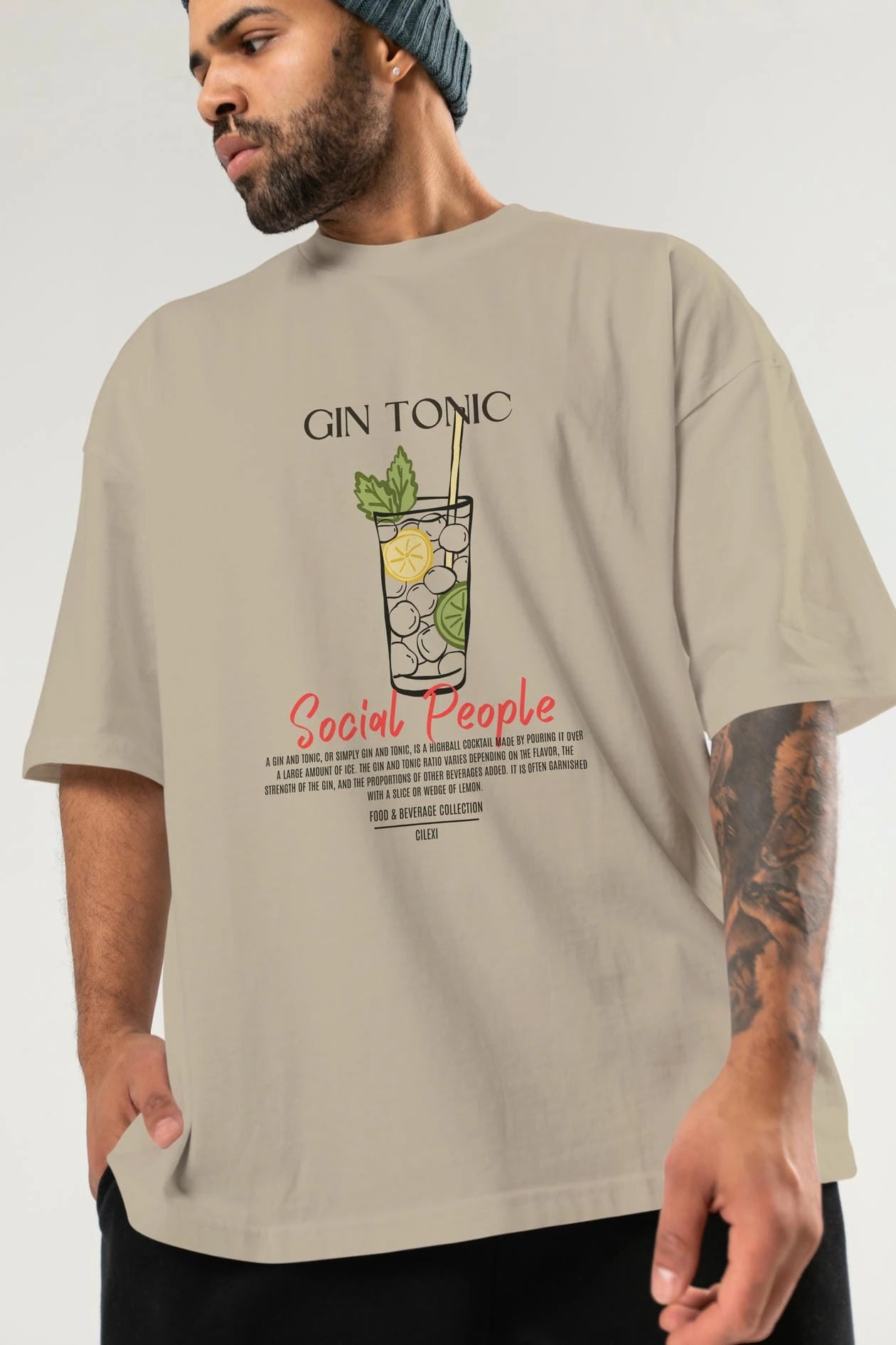 Gın Tonıc Kokteyl Serisi ön Baskılı Oversize t-shirt Erkek Kadın %100 Pamuk Bisiklet Yaka tişort