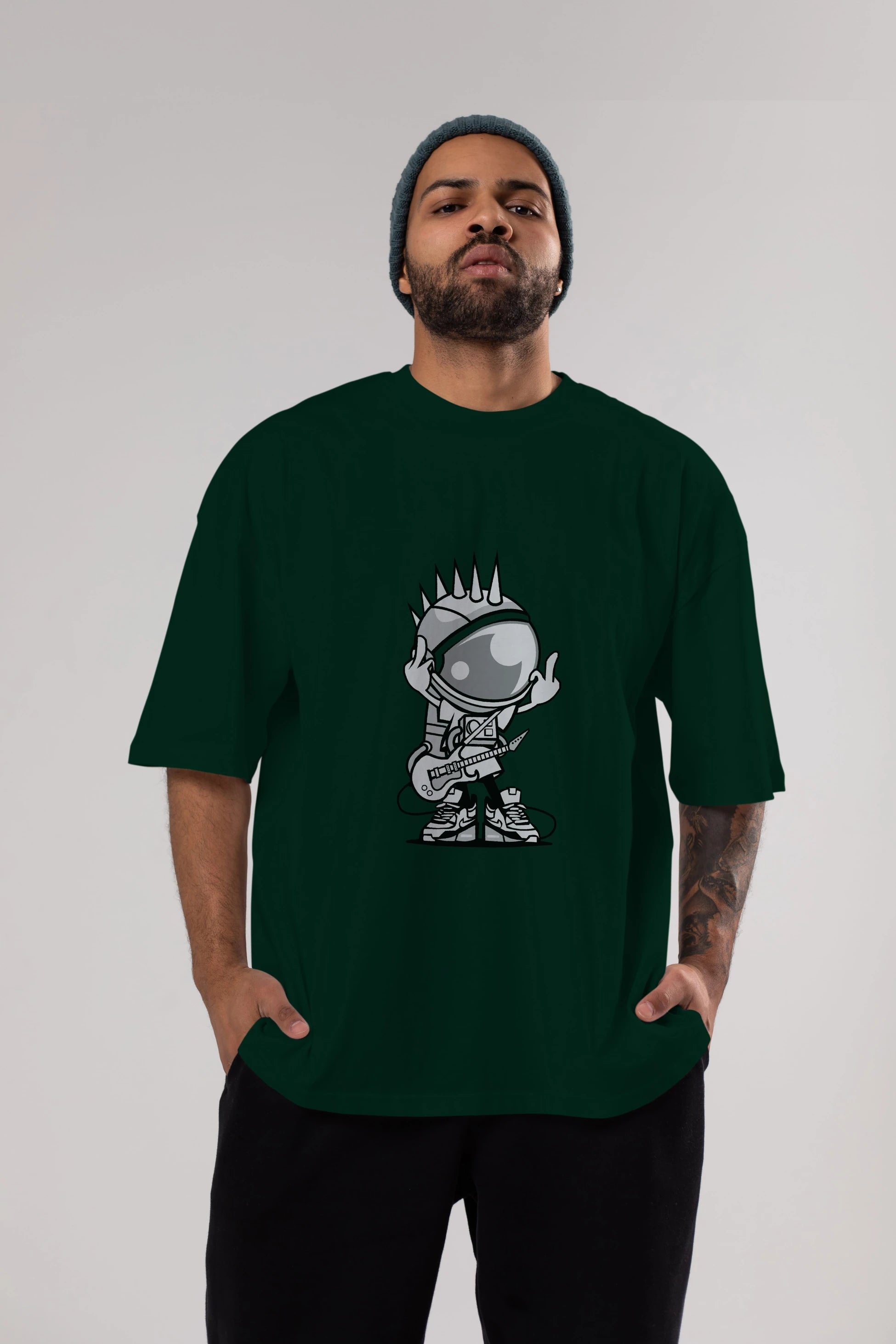 Astronaut Punk Rock Ön Baskılı Oversize t-shirt Erkek Kadın Unisex %100 Pamuk tişort