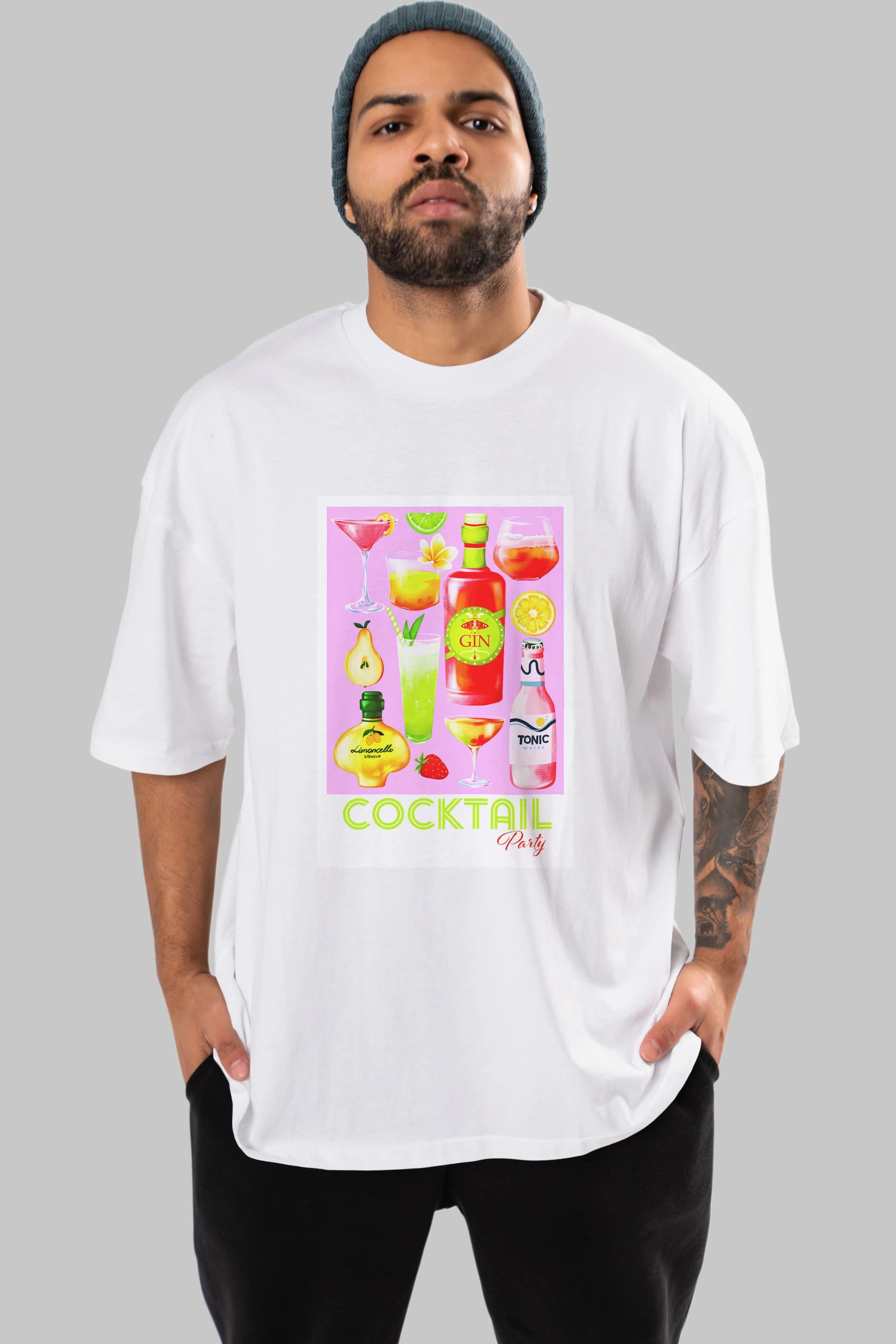Cocktail Party Ön Baskılı Oversize t-shirt Erkek Kadın Unisex %100 Pamuk Bisiklet Yaka tişort
