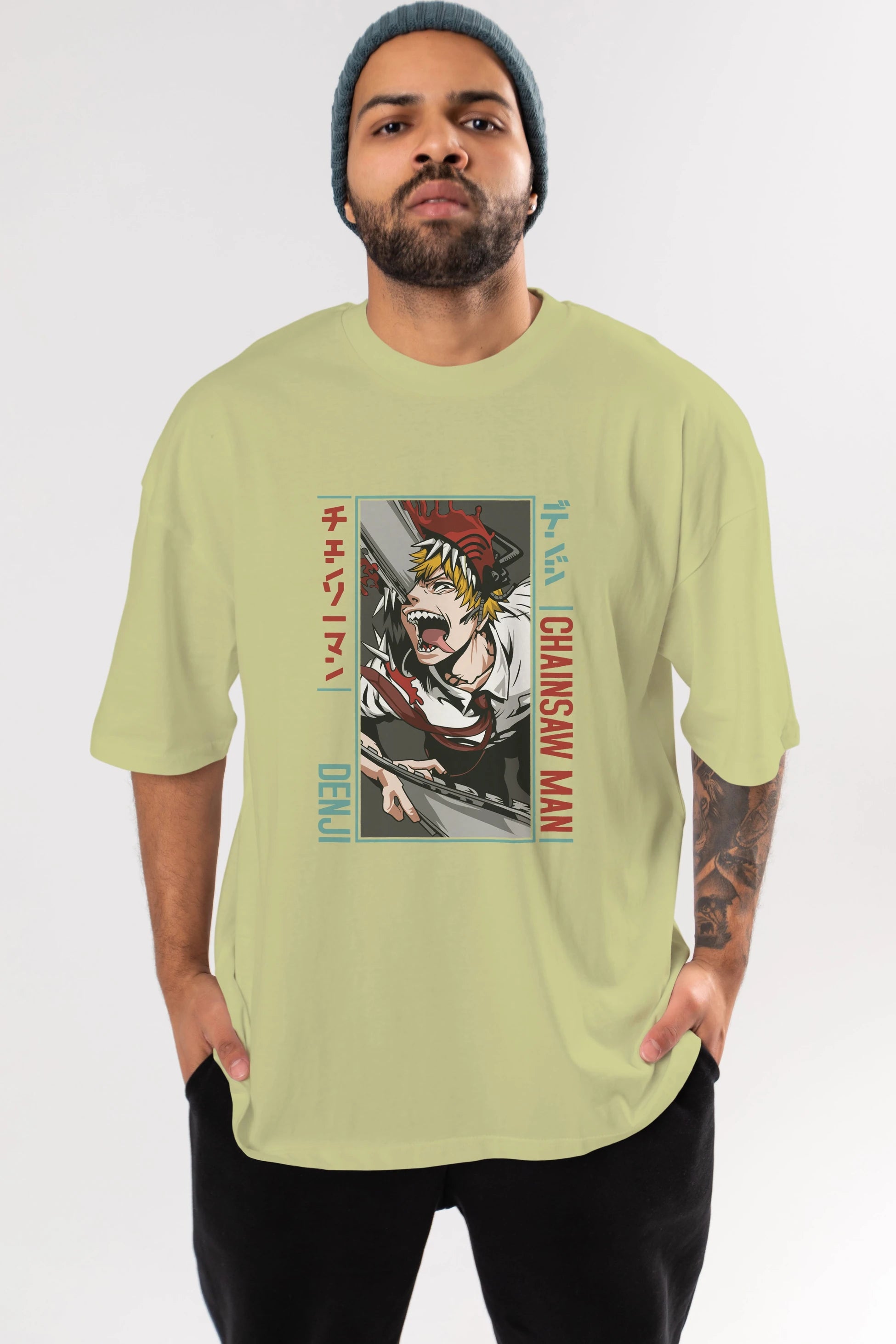 Denji Chainsaw Man Anime Ön Baskılı Oversize t-shirt %100 pamuk Erkek Kadın Unisex