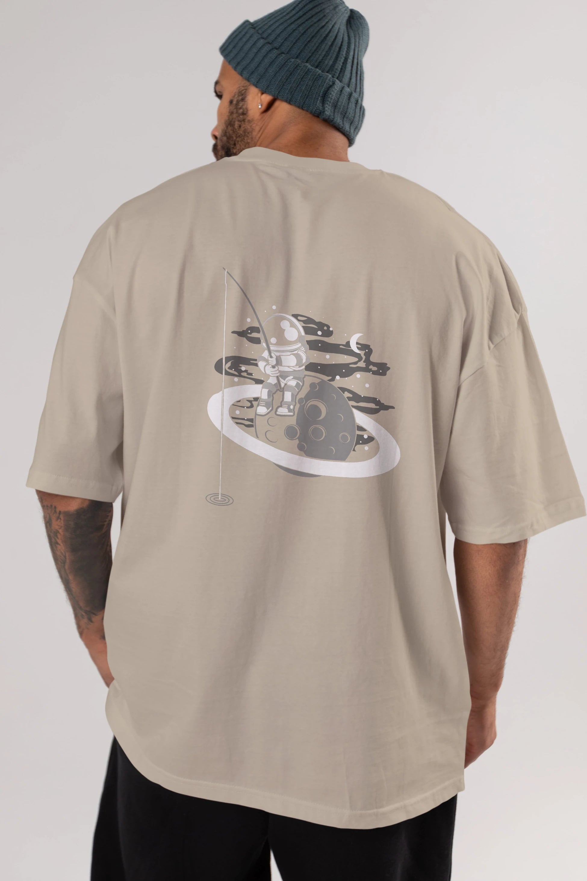 Astronaut  Fishing Arka Baskılı Oversize t-shirt Erkek Kadın Unisex