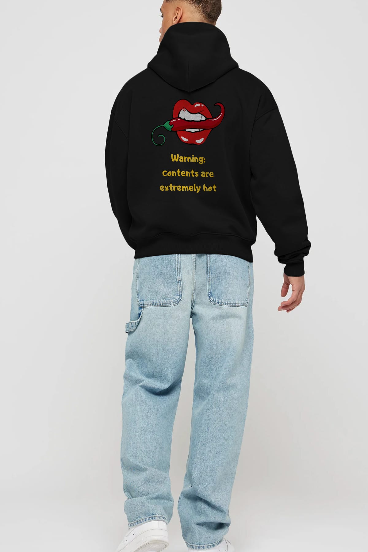 Warning Contents Yazılı Arka Baskılı Oversize Hoodie Kapüşonlu Sweatshirt Erkek Kadın Unisex