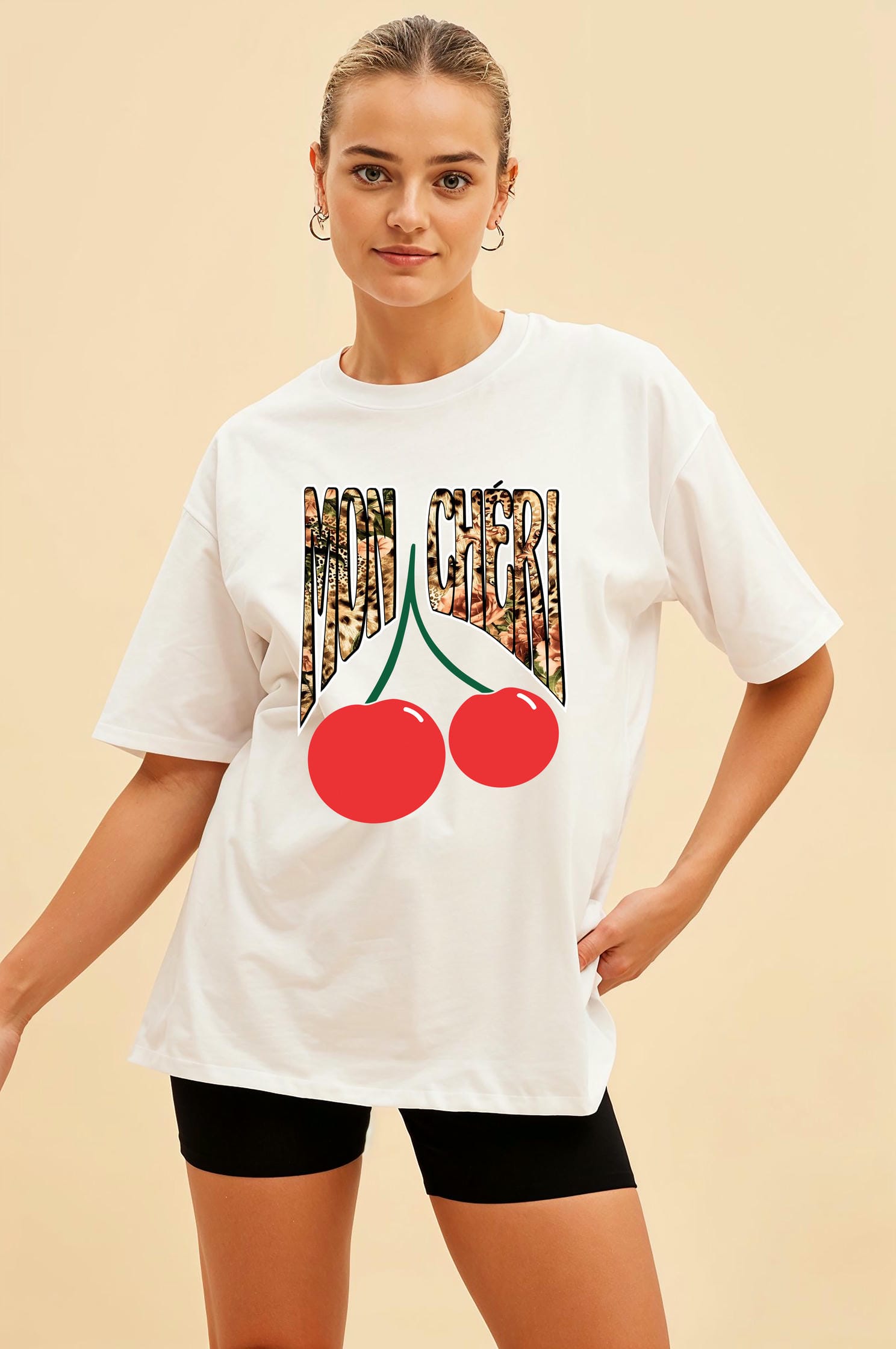 Mon Cherry Cherries Ön Baskılı Oversize t-shirt Erkek Kadın Pamuk Bisiklet Yaka tişort