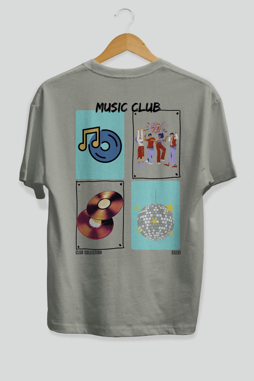 Music Club Arka Baskılı Oversize t-shirt Erkek Kadın %100 Pamuk Bisiklet Yaka tişort