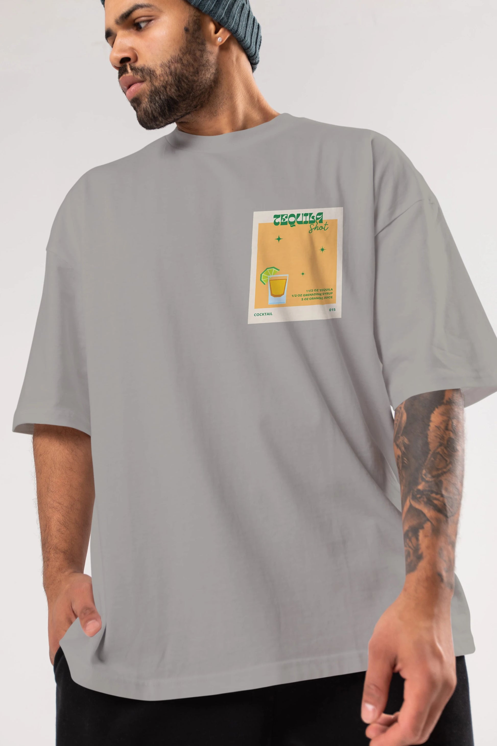 Tequila Shot 2 Ön Sol Baskılı Oversize t-shirt Erkek Kadın Unisex %100 Pamuk Bisiklet Yaka tişort
