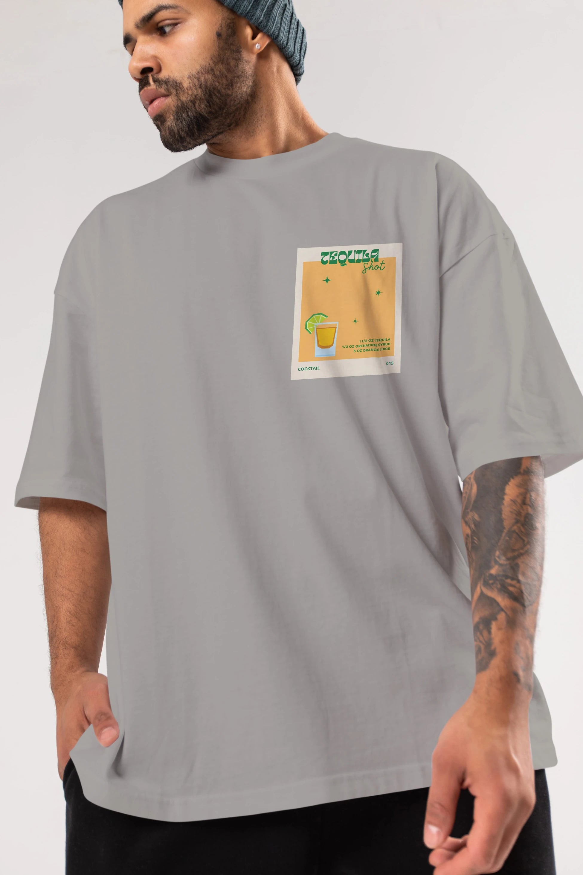 Tequila Shot 2 Ön Sol Baskılı Oversize t-shirt Erkek Kadın Unisex %100 Pamuk Bisiklet Yaka tişort