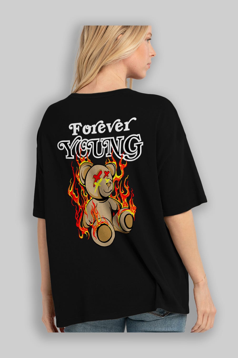 Forever Young Bear Arka Baskılı Oversize t-shirt Erkek Kadın Unisex